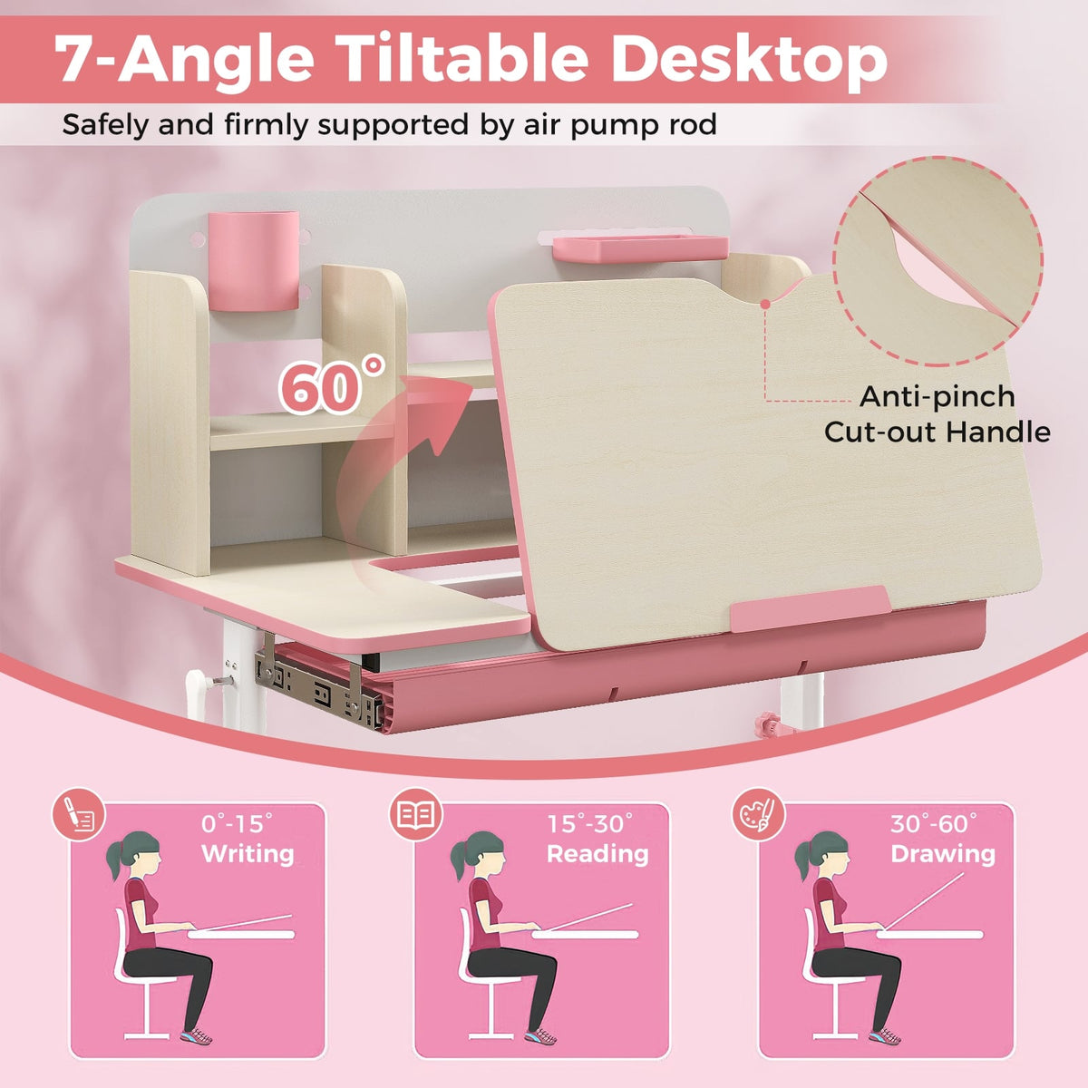 Height Adjustable Kids Study Desk with Tilt Desktop for 3-12 Years Old-Pink-Kids Tables & Chair Sets-DECOROLALA
