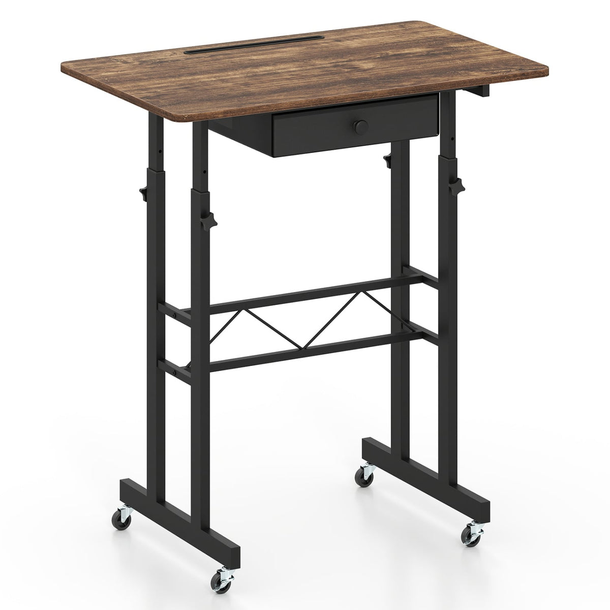 Height Adjustable Laptop Desk with Fabric Drawer Tablet Holder and Lockable Wheels-Rustic Brown-Standing Desks-DECOROLALA