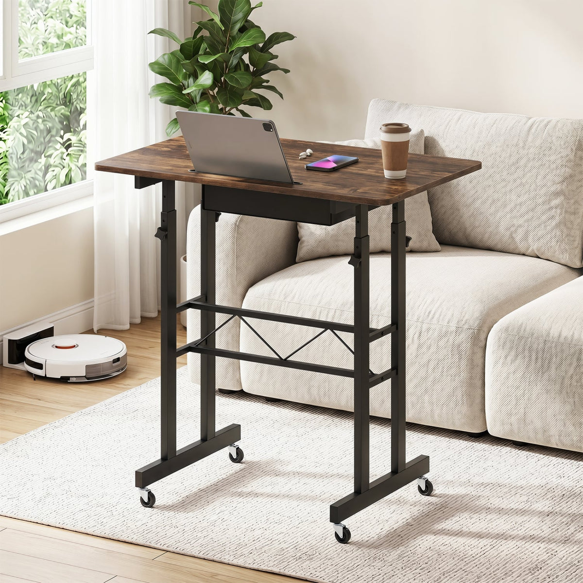 Height Adjustable Laptop Desk with Fabric Drawer Tablet Holder and Lockable Wheels-Rustic Brown-Standing Desks-DECOROLALA