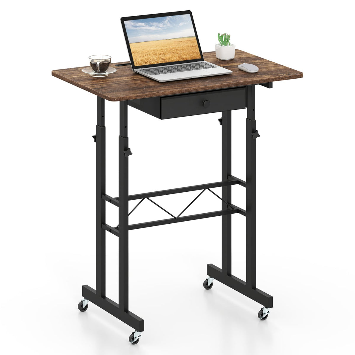 Height Adjustable Laptop Desk with Fabric Drawer Tablet Holder and Lockable Wheels-Rustic Brown-Standing Desks-DECOROLALA