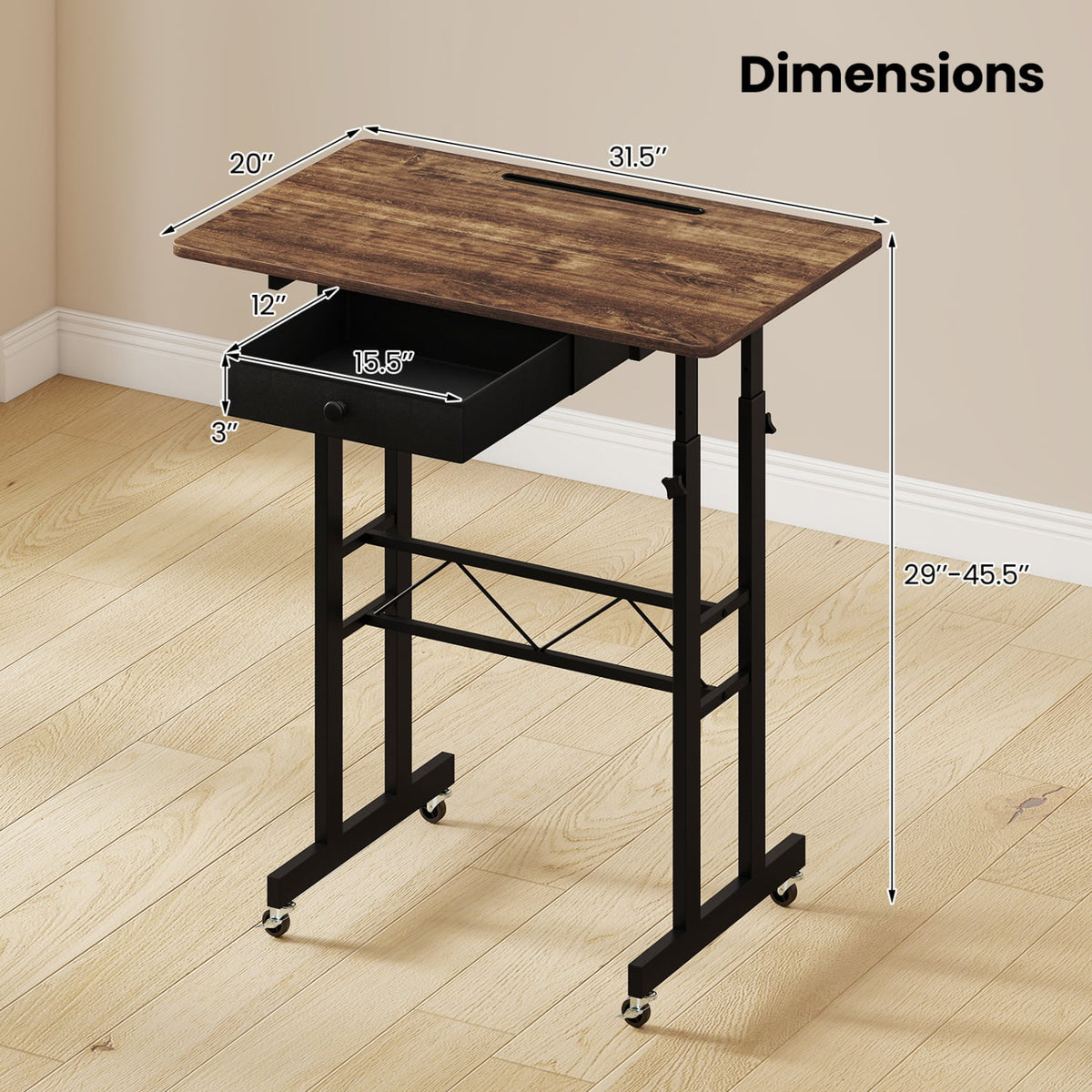 Height Adjustable Laptop Desk with Fabric Drawer Tablet Holder and Lockable Wheels-Rustic Brown-Standing Desks-DECOROLALA
