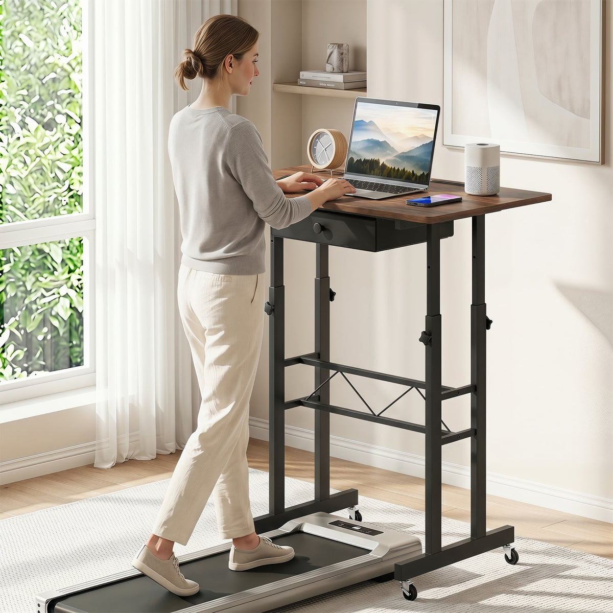 Height Adjustable Laptop Desk with Fabric Drawer Tablet Holder and Lockable Wheels-Rustic Brown-Standing Desks-DECOROLALA