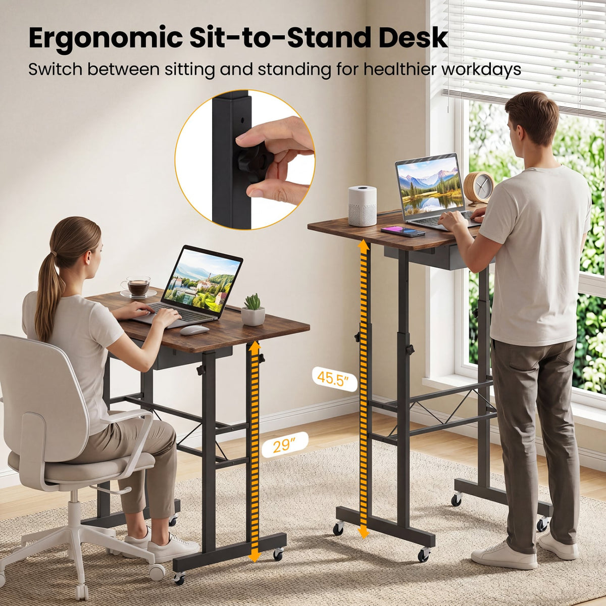 Height Adjustable Laptop Desk with Fabric Drawer Tablet Holder and Lockable Wheels-Rustic Brown-Standing Desks-DECOROLALA