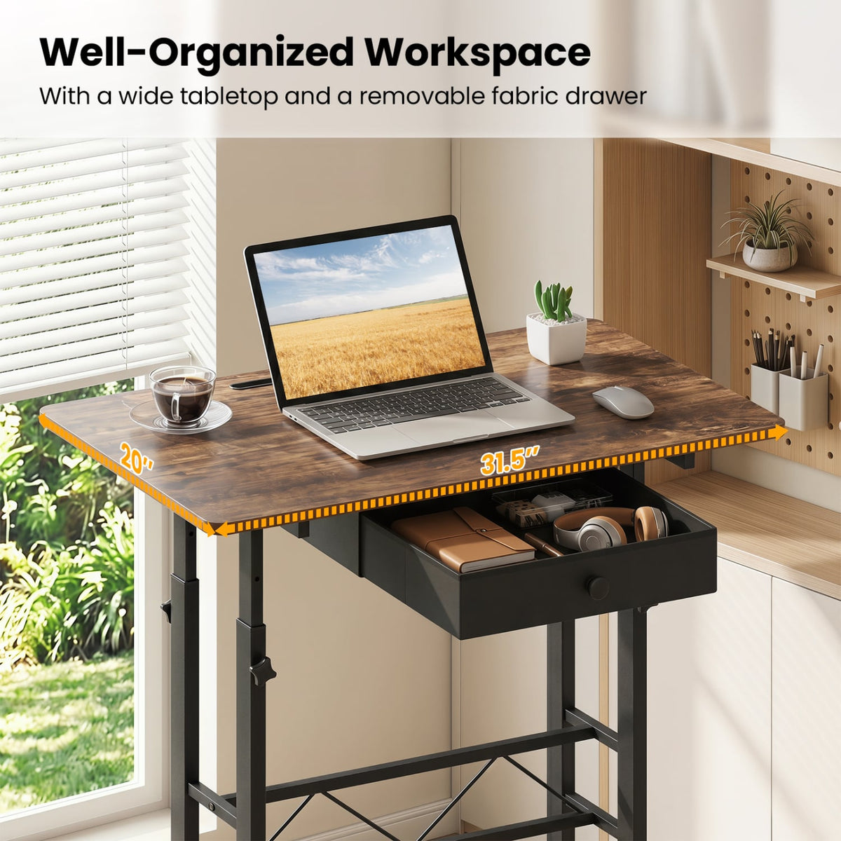 Height Adjustable Laptop Desk with Fabric Drawer Tablet Holder and Lockable Wheels-Rustic Brown-Standing Desks-DECOROLALA
