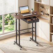 Height Adjustable Laptop Desk with Fabric Drawer Tablet Holder and Lockable Wheels-Rustic Brown-Standing Desks-DECOROLALA