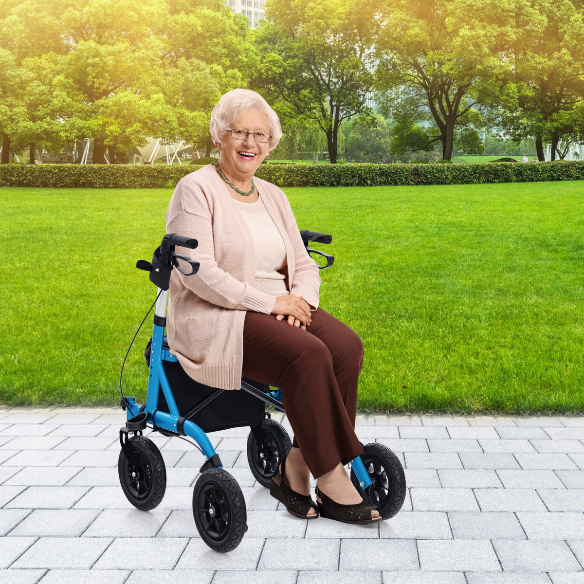 Height Adjustable Rollator Walker Foldable Rolling Walker with Seat for Seniors-Blue-Walkers & Rollators-DECOROLALA