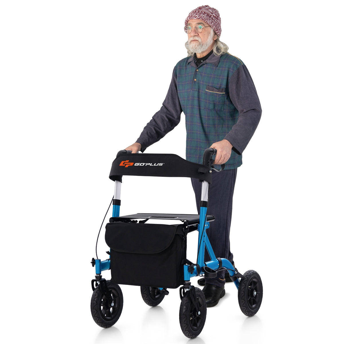 Height Adjustable Rollator Walker Foldable Rolling Walker with Seat for Seniors-Blue-Walkers & Rollators-DECOROLALA