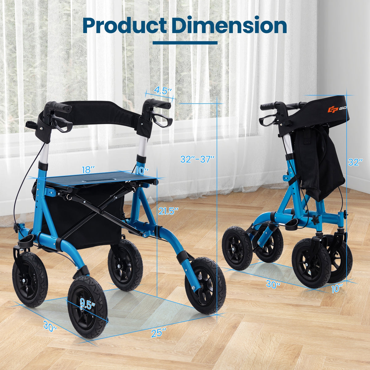 Height Adjustable Rollator Walker Foldable Rolling Walker with Seat for Seniors-Blue-Walkers & Rollators-DECOROLALA