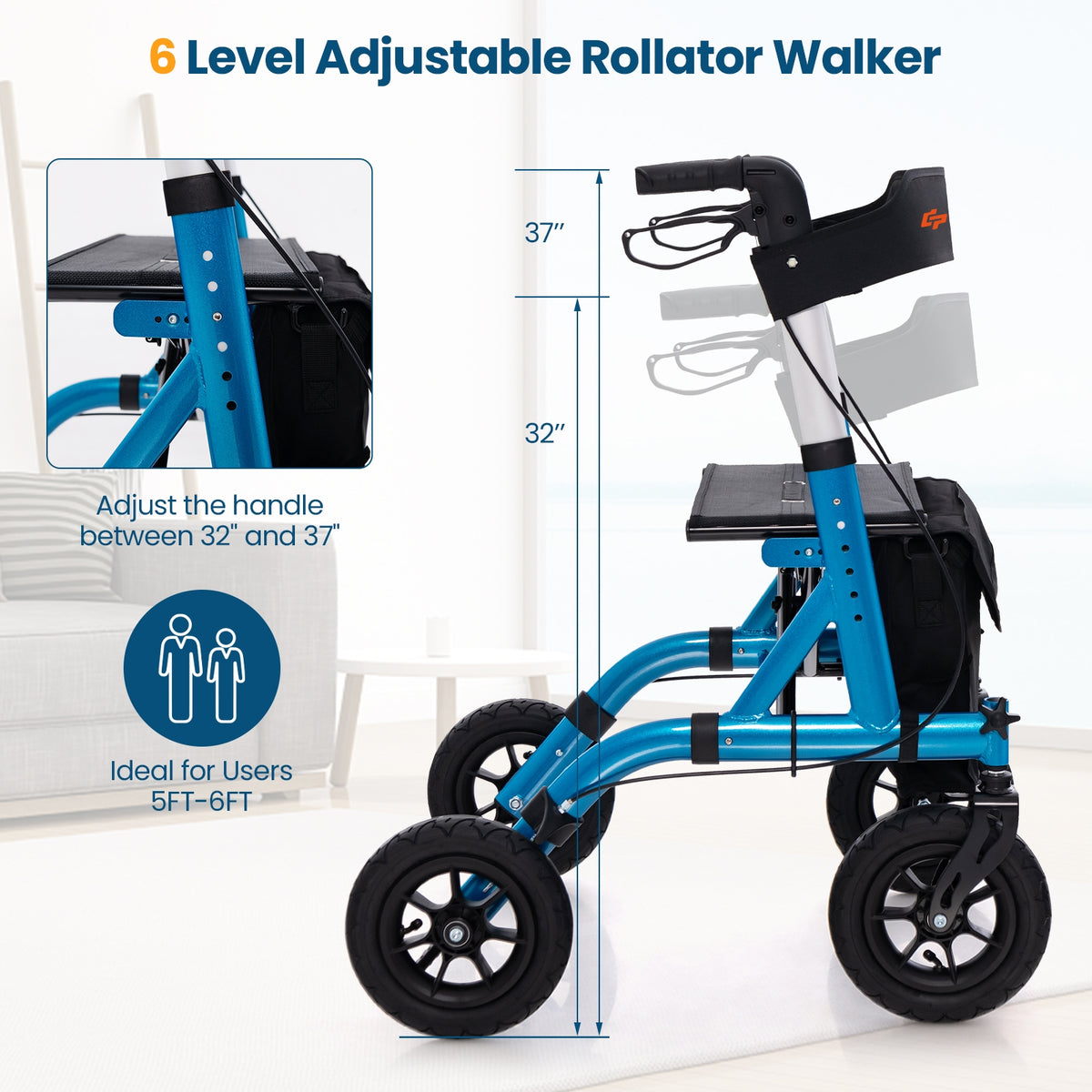 Height Adjustable Rollator Walker Foldable Rolling Walker with Seat for Seniors-Blue-Walkers & Rollators-DECOROLALA
