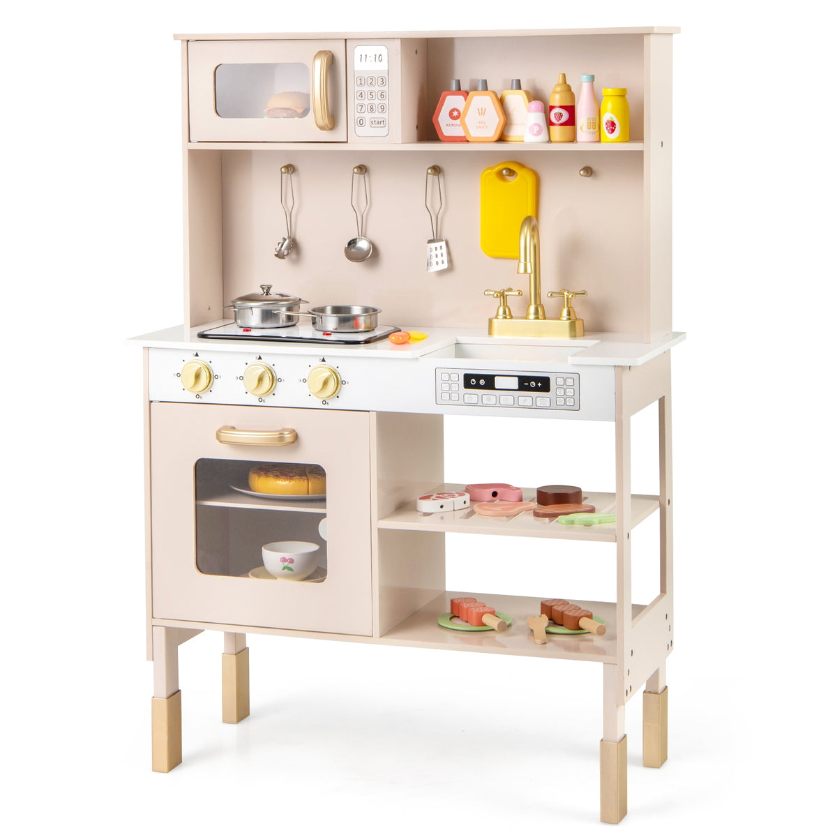 Height Adjustable Wooden Play Kitchen with Lights and Sounds - Pink-Play Kitchen Sets-DECOROLALA