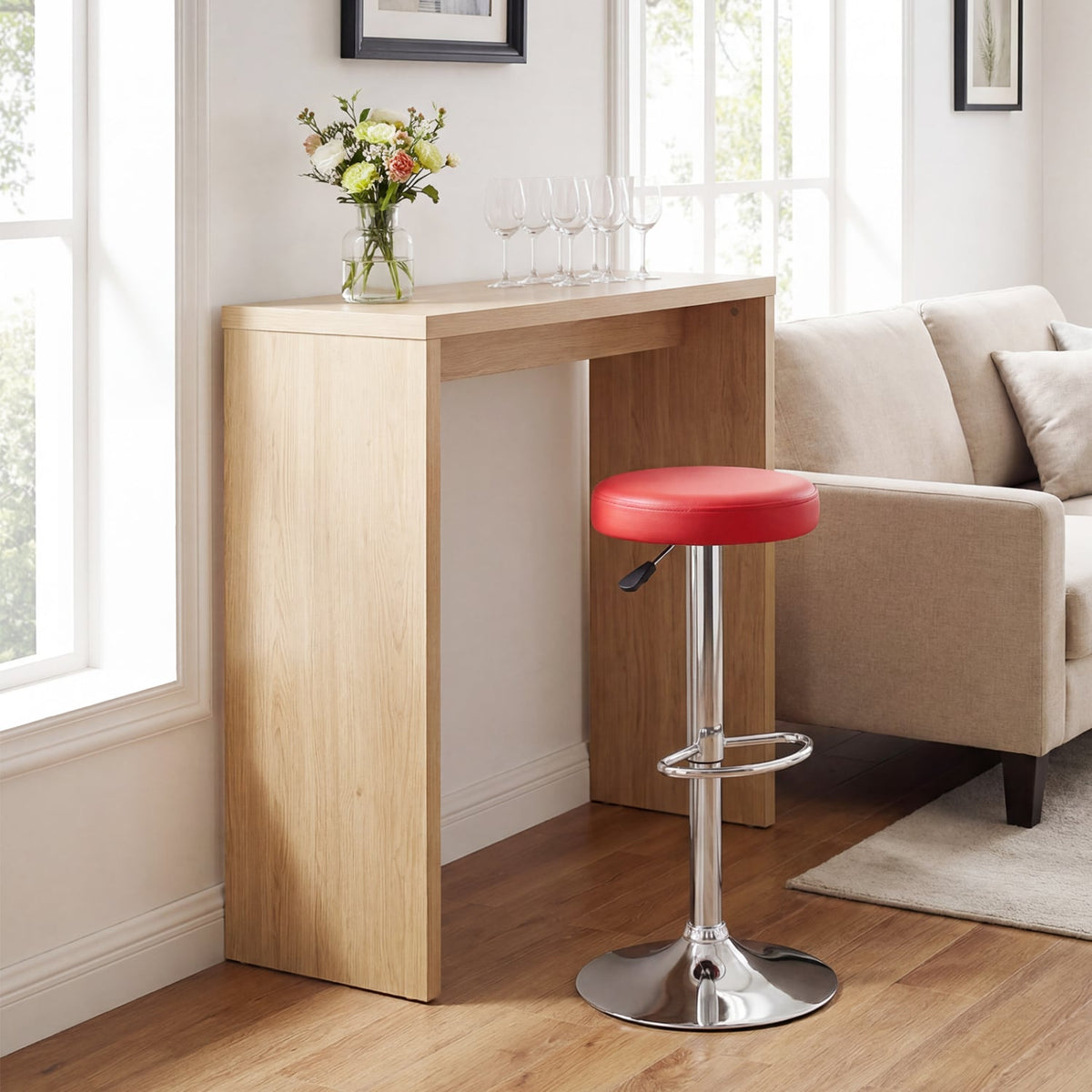 Height-adjustable Bar Stool with 360° Swivel for Kitchen & Dining-Red-Bar Stools-DECOROLALA