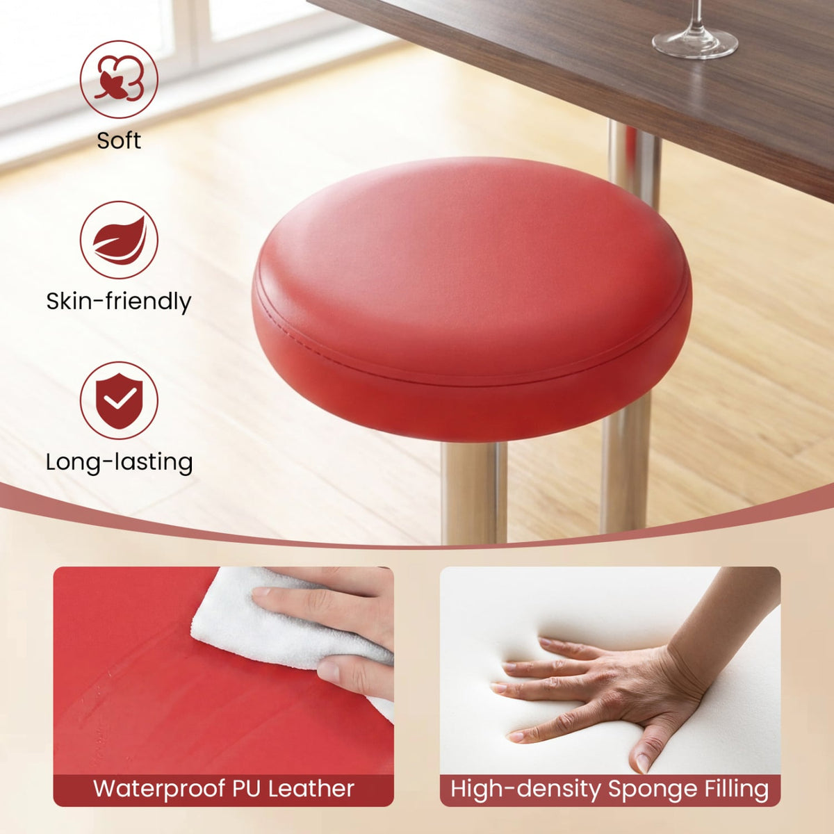Height-adjustable Bar Stool with 360° Swivel for Kitchen & Dining-Red-Bar Stools-DECOROLALA