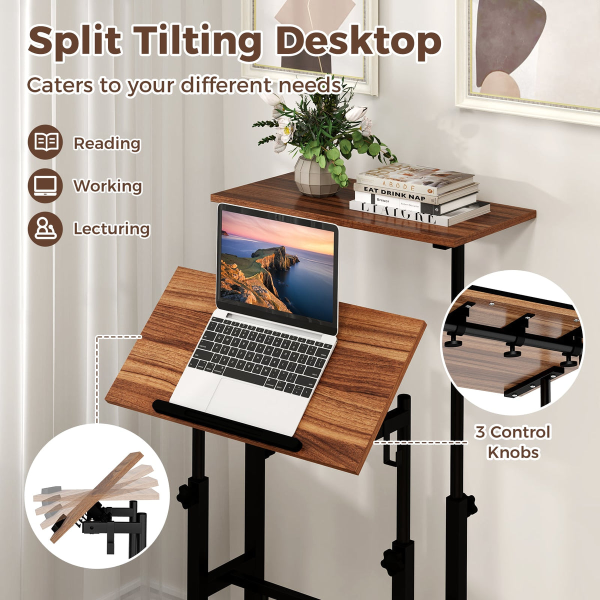 Height-adjustable Mobile Standing Desk with Split Top and Adjustable Angle-Walnut-Laptop Tables & Printer Stands-DECOROLALA