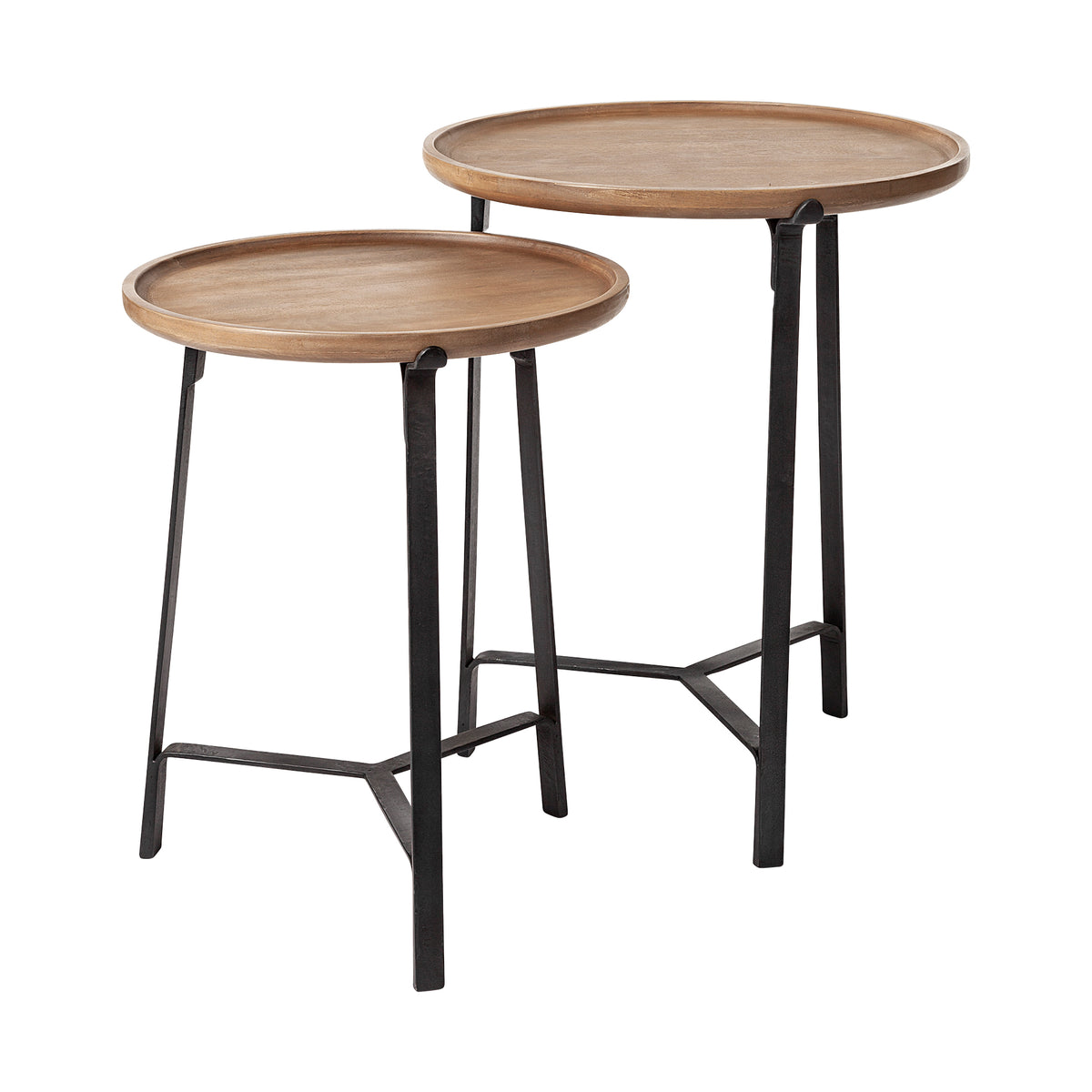 Helios III 20L x 24H Set of Two Round Brown Solid Wood Iron Base Nesting End/Side Tables-End and Side Tables-DECOROLALA