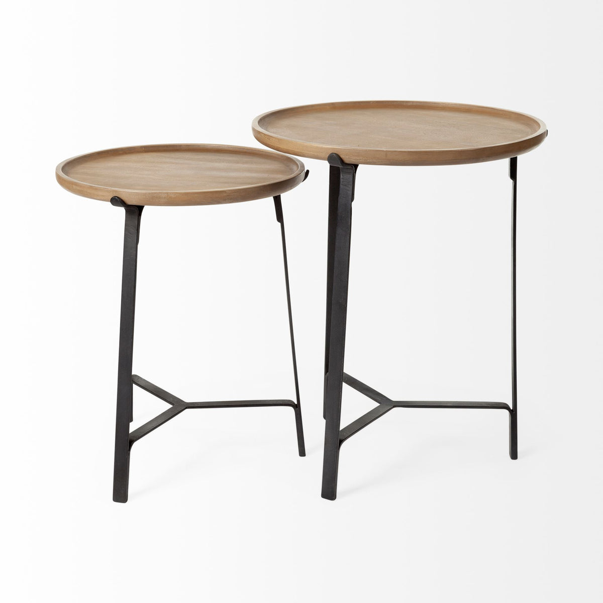 Helios III 20L x 24H Set of Two Round Brown Solid Wood Iron Base Nesting End/Side Tables-End and Side Tables-DECOROLALA