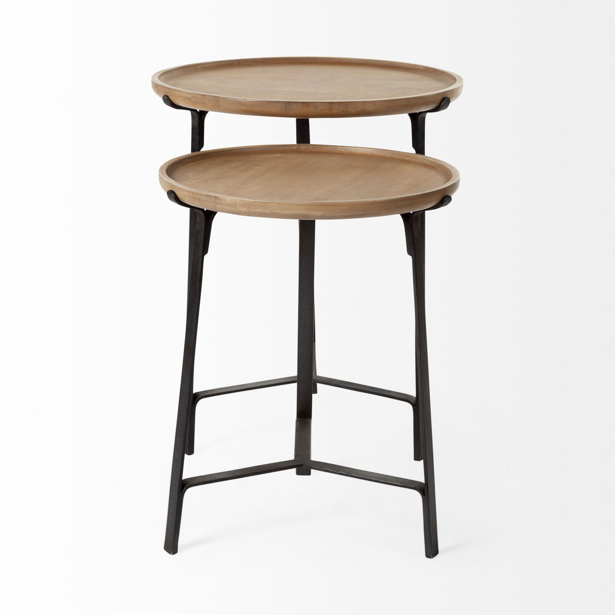 Helios III 20L x 24H Set of Two Round Brown Solid Wood Iron Base Nesting End/Side Tables-End and Side Tables-DECOROLALA