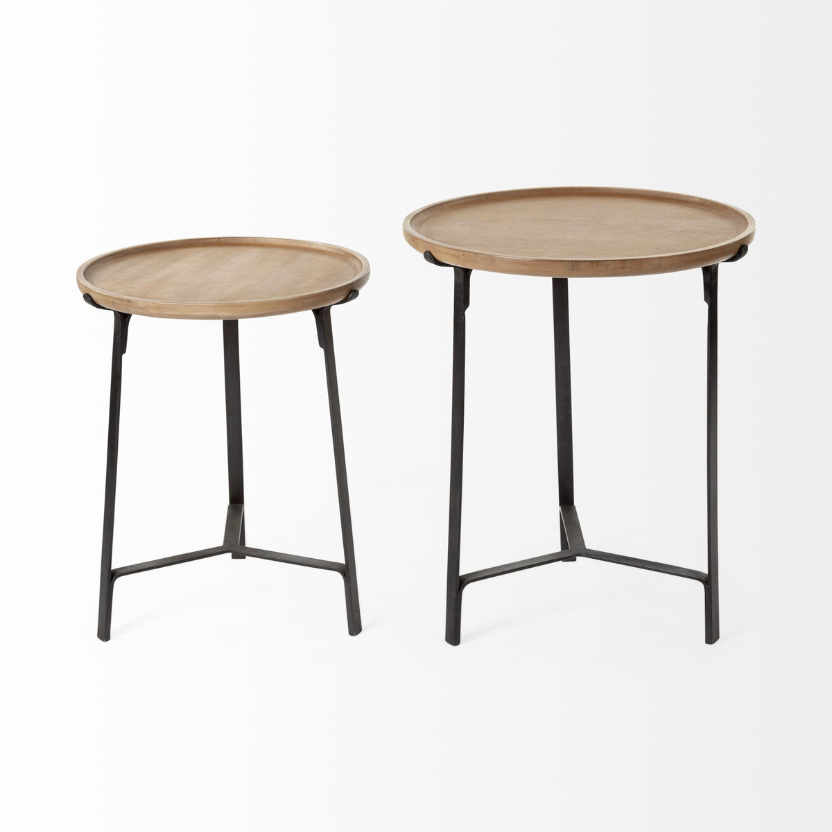 Helios III 20L x 24H Set of Two Round Brown Solid Wood Iron Base Nesting End/Side Tables-End and Side Tables-DECOROLALA