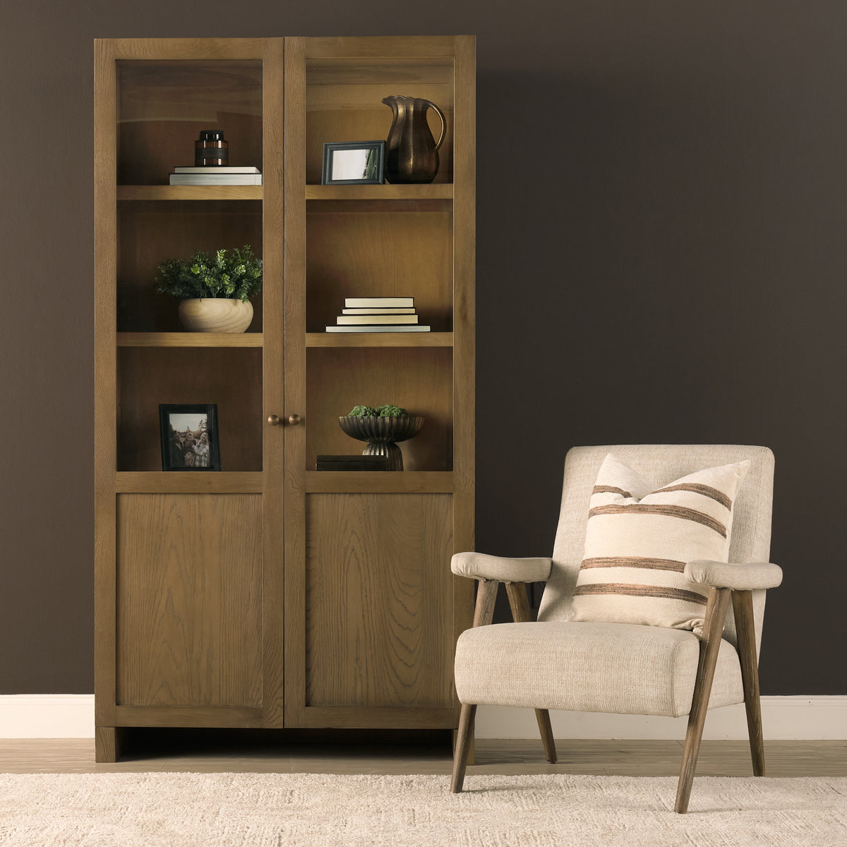 Henry & Light Brown Oak Wood w/ Glass Doors Curio Cabinet-Cabinets-DECOROLALA