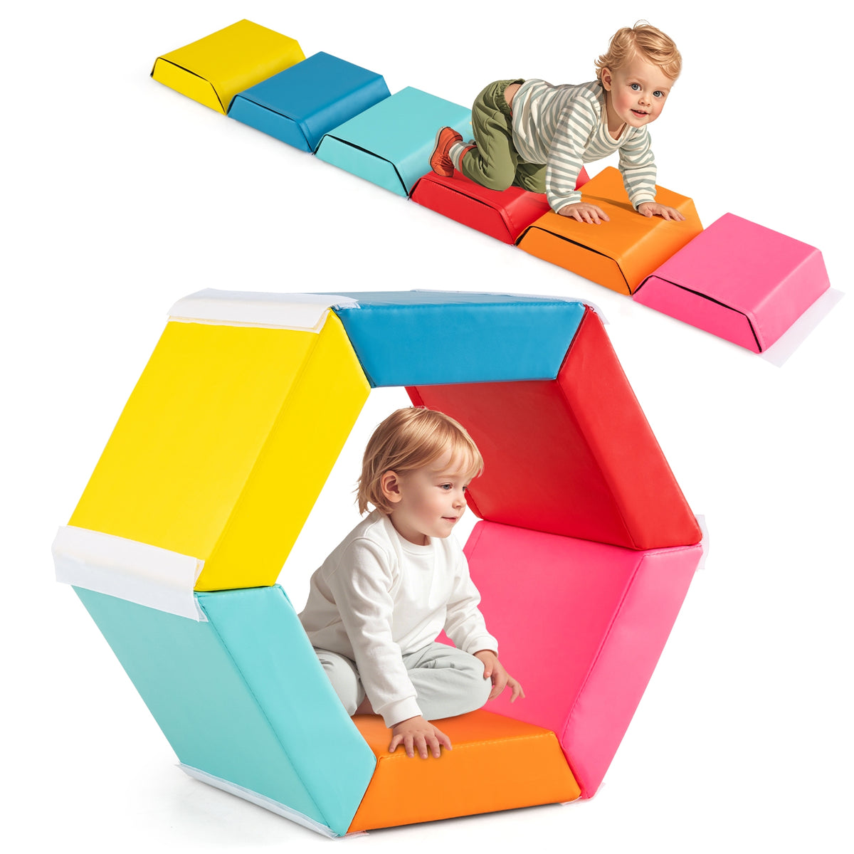 Hexagon Kids Ball Pit Foam Climbing Exercise Mat with Detachable PU Covers-Multicolor