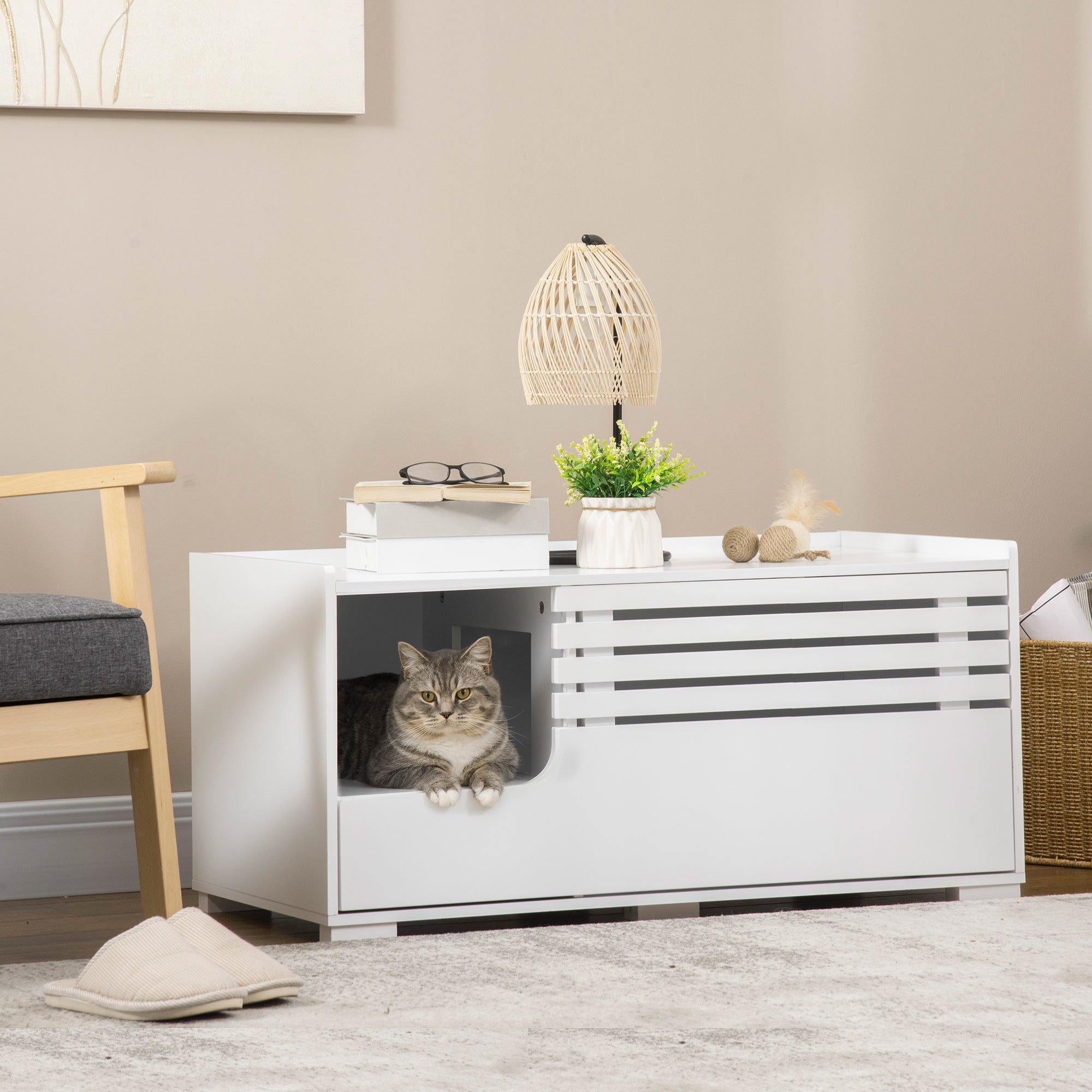 Hidden Cat Litter Box Enclosure Furniture - White MDF Side Table-Cats-DECOROLALA