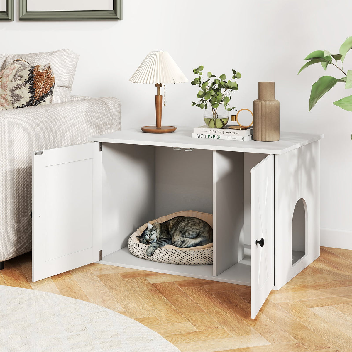 Hidden Cat Litter Box Enclosure Furniture with Divider-White-Cat Houses-DECOROLALA