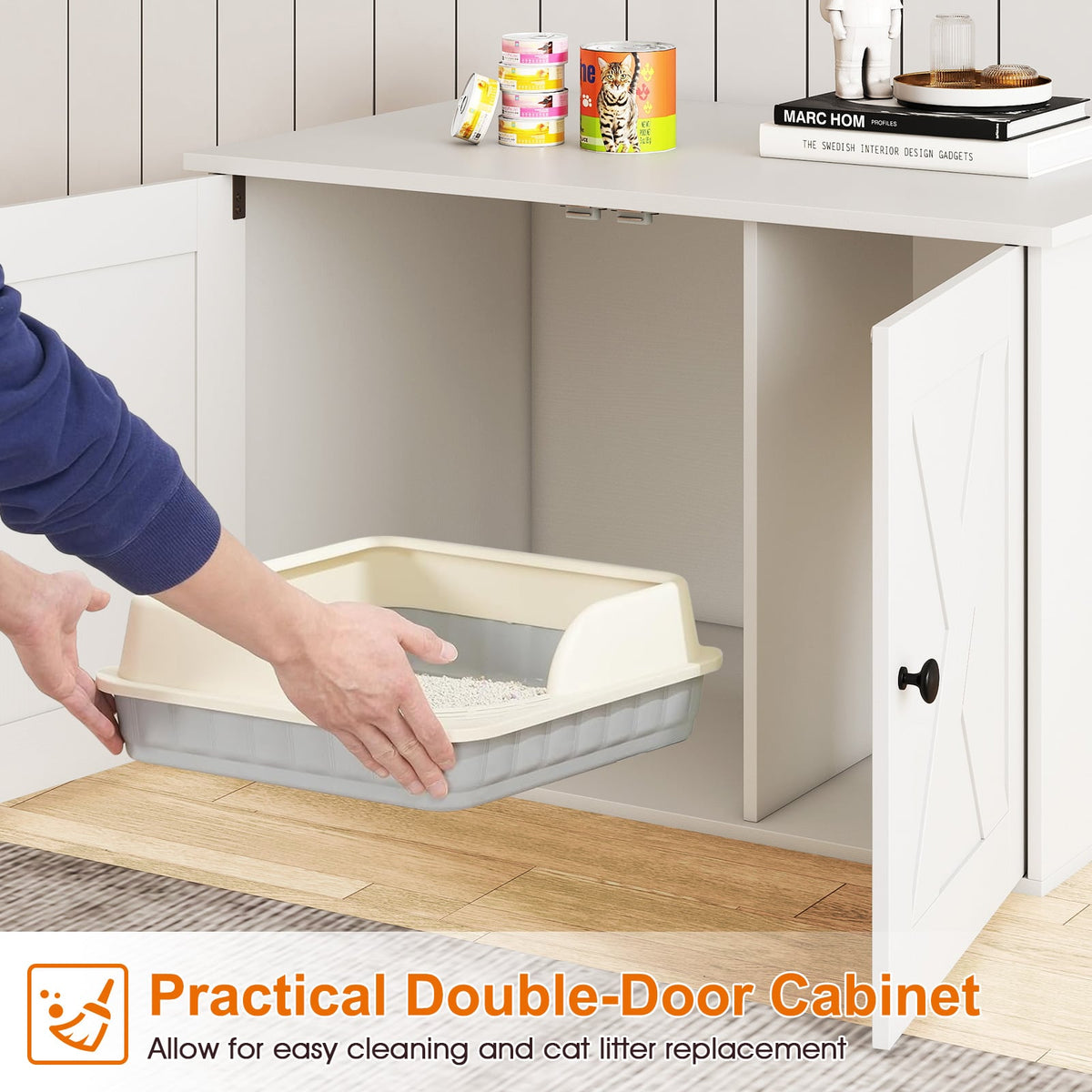 Hidden Cat Litter Box Enclosure Furniture with Divider-White-Cat Houses-DECOROLALA