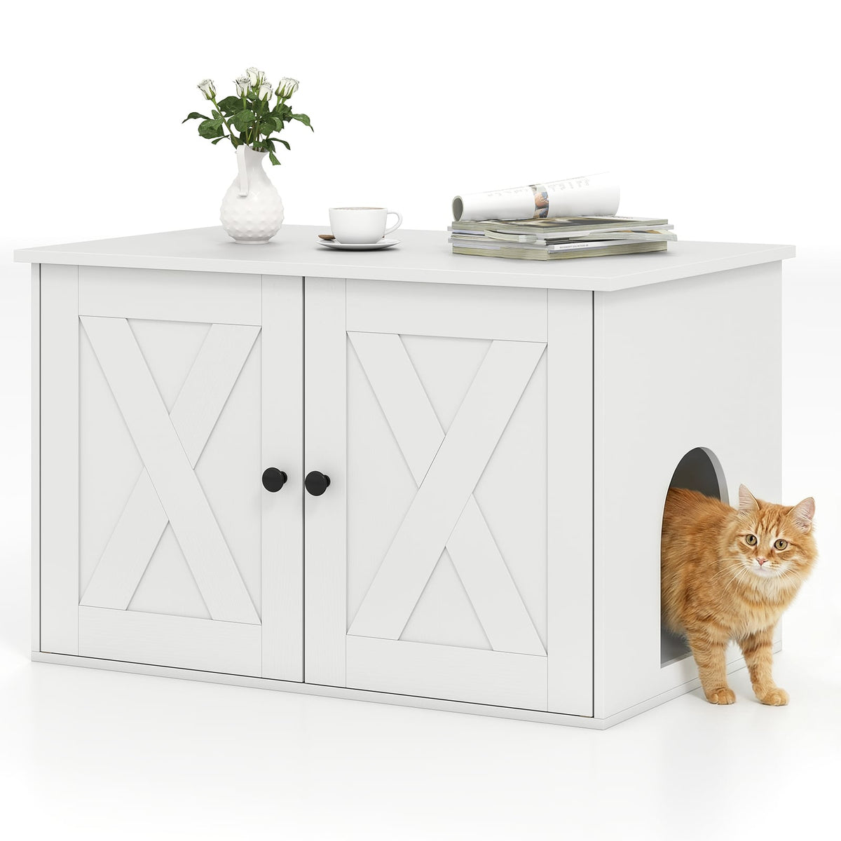 Hidden Cat Litter Box Enclosure Furniture with Divider-White-Cat Houses-DECOROLALA