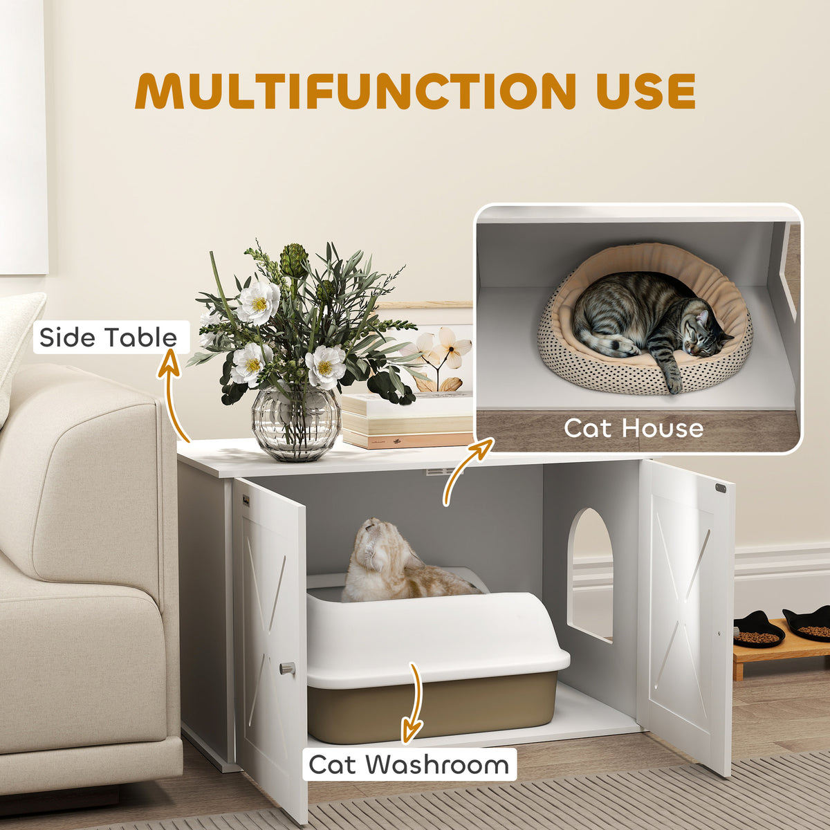 Hidden Cat Litter Box Enclosure Side Table - White 31.5" x 19"-Cats-DECOROLALA