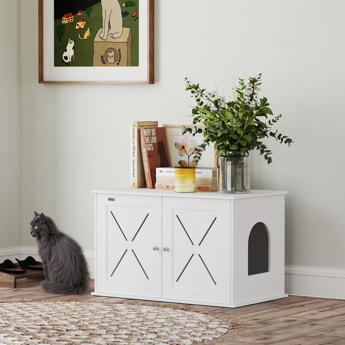 Hidden Cat Litter Box Enclosure Side Table - White 31.5" x 19"-Cats-DECOROLALA