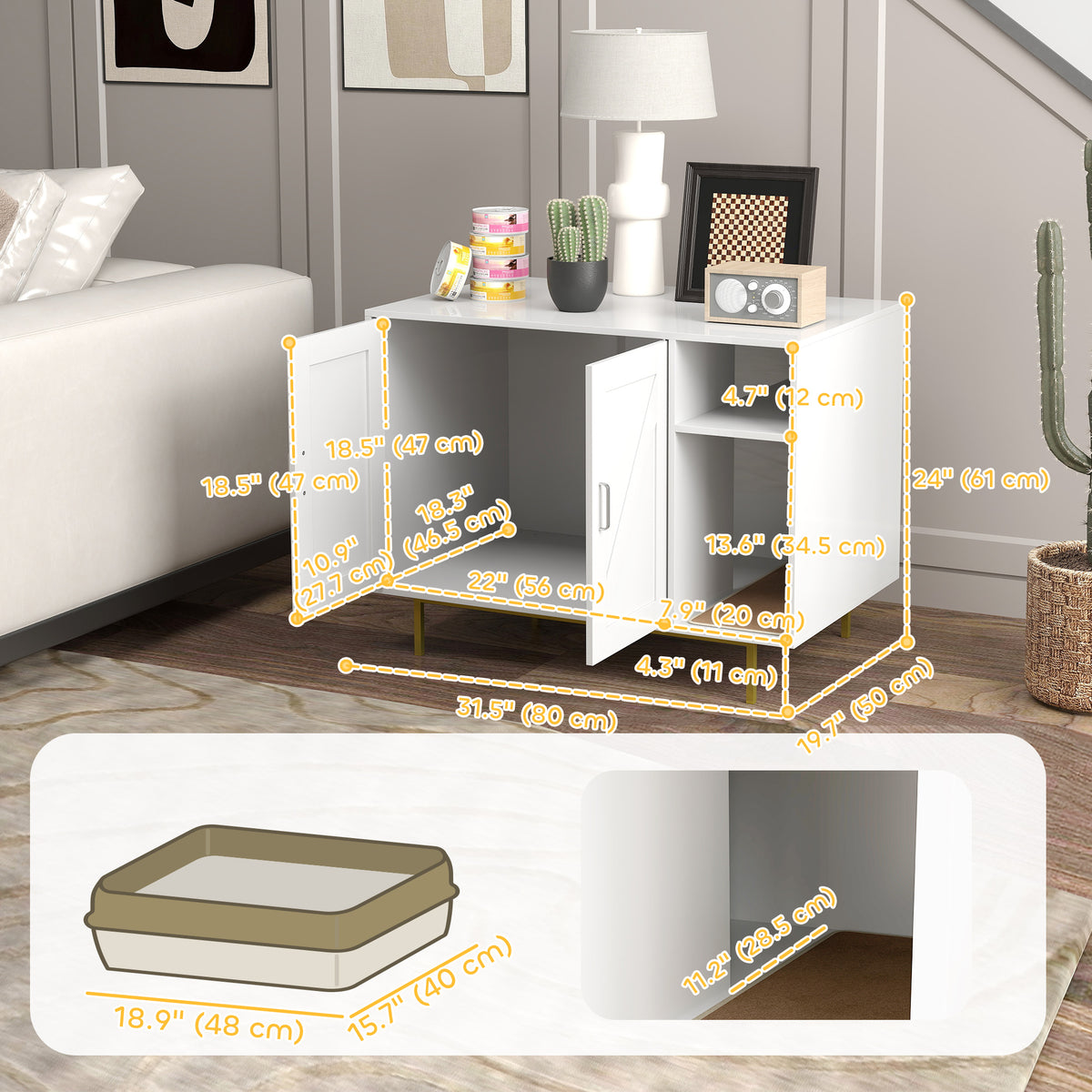 Hidden Cat Litter Box Enclosure - White Side Table with Storage-Cats-DECOROLALA