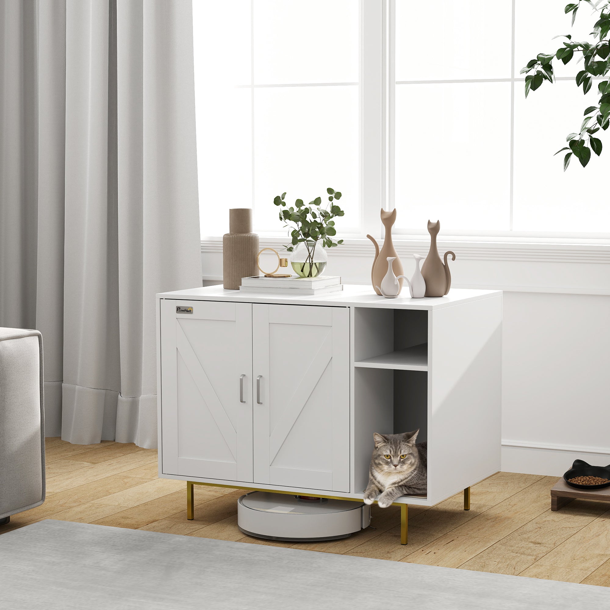 Hidden Cat Litter Box Enclosure - White Side Table with Storage-Cats-DECOROLALA
