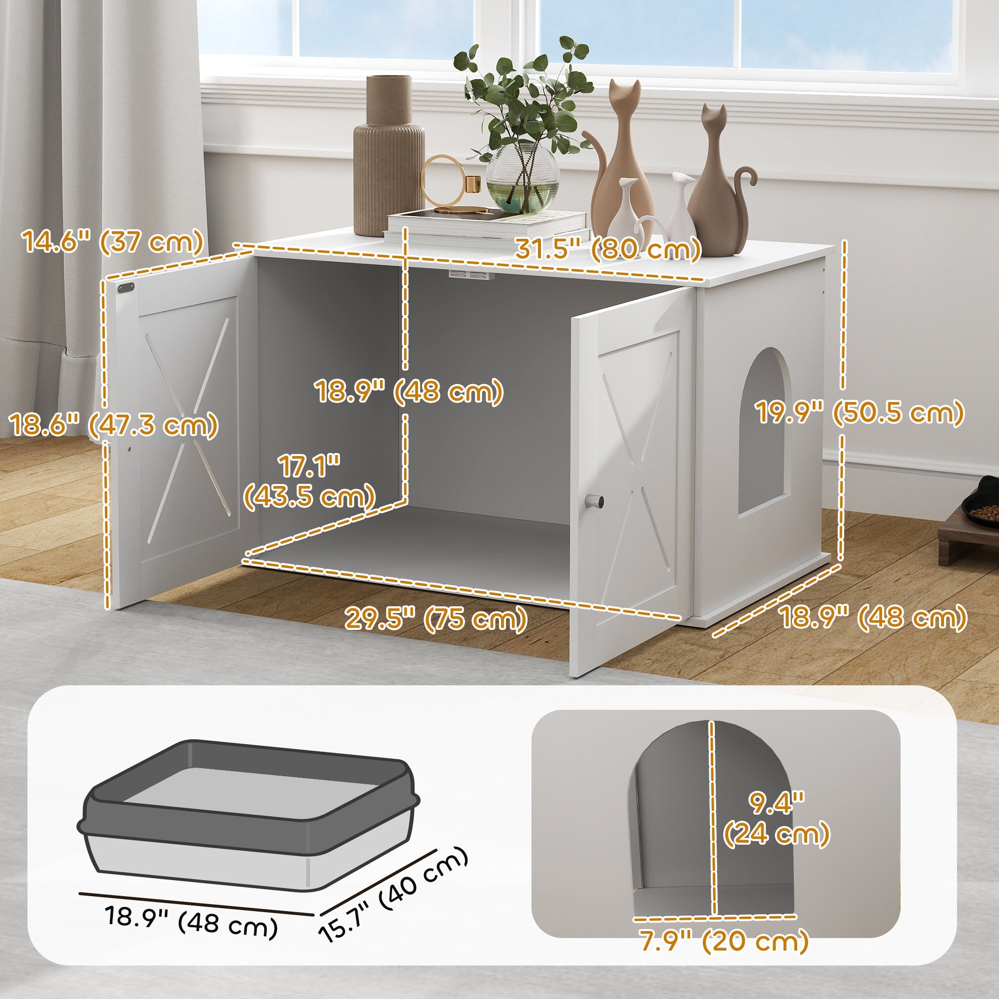 Hidden Cat Litter Box Enclosure with Double Doors, Hole, Pet House Side End Table, 31.5" x 19" x 20", White-Cats-DECOROLALA