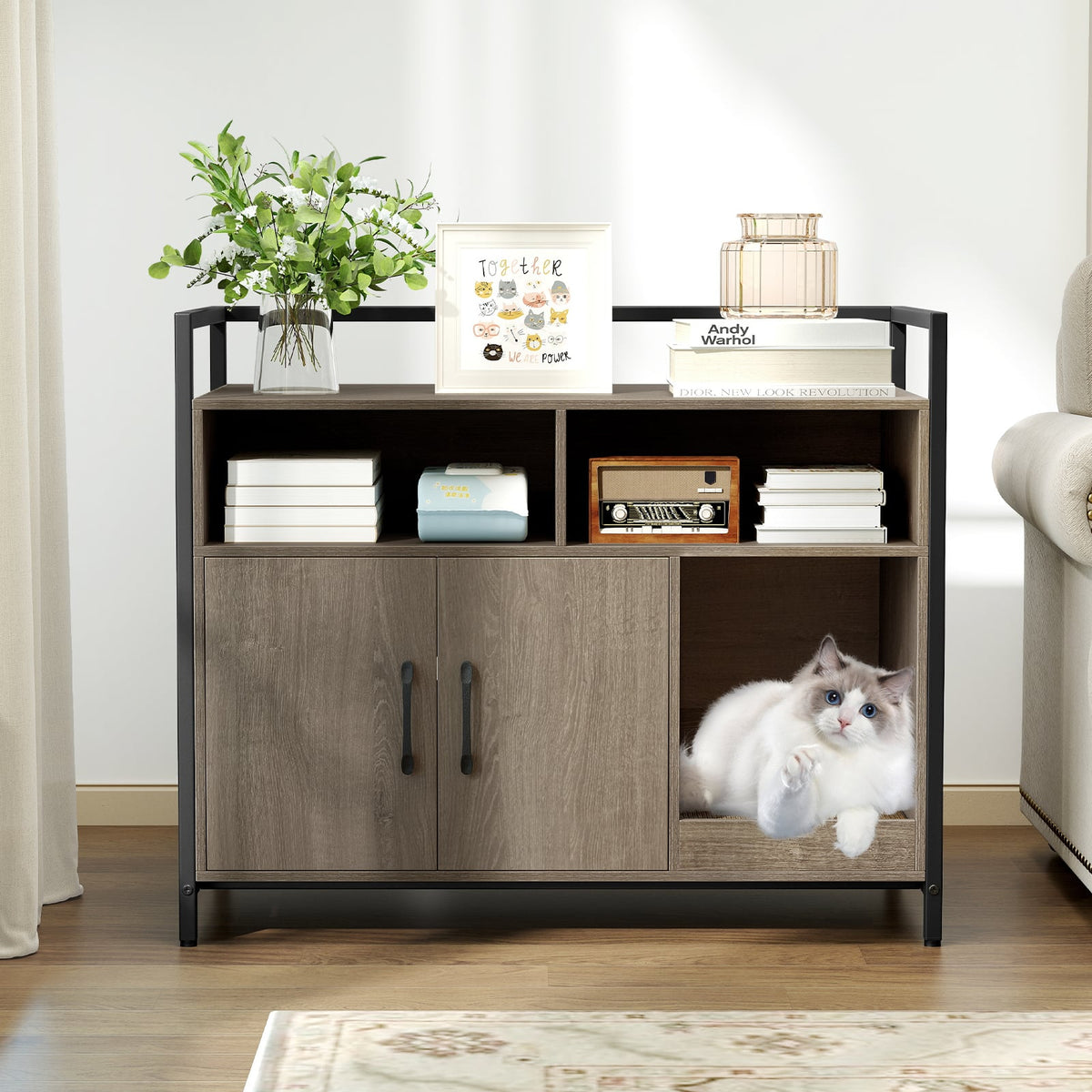 Hidden Cat Washroom with Double Doors and Scratch Cardboard-Oak-Cat Houses-DECOROLALA