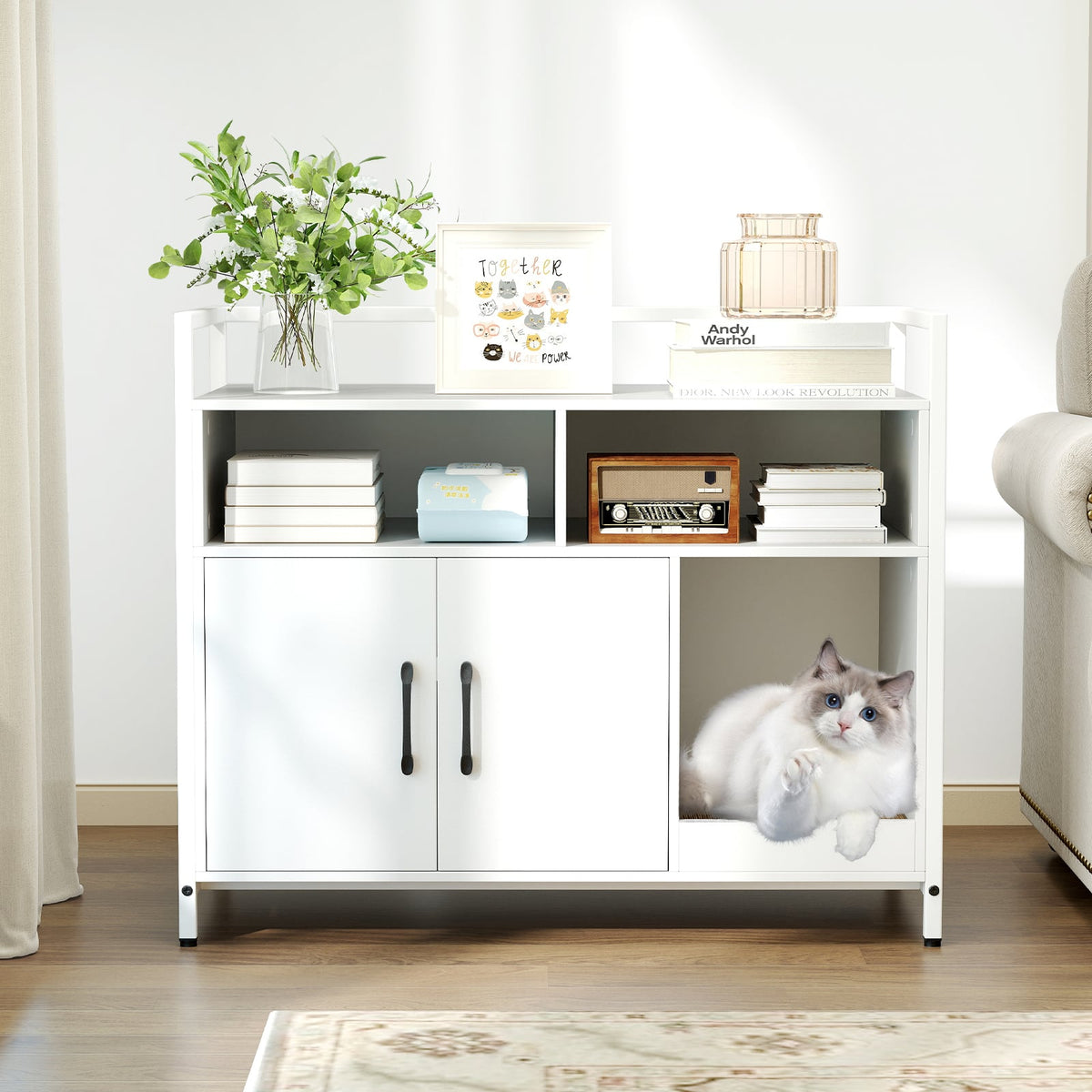 Hidden Cat Washroom with Double Doors and Scratch Cardboard-Off White-Cat Houses-DECOROLALA