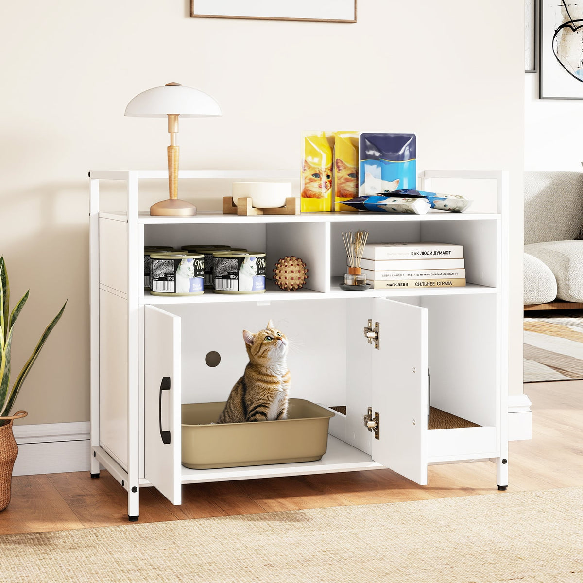 Hidden Cat Washroom with Double Doors and Scratch Cardboard-Off White-Cat Houses-DECOROLALA