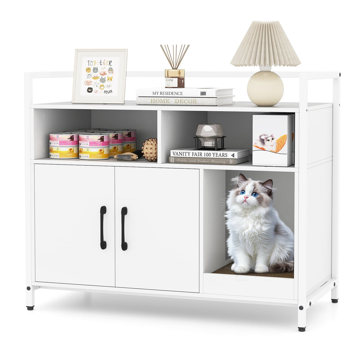 Hidden Cat Washroom with Double Doors and Scratch Cardboard-Off White-Cat Houses-DECOROLALA