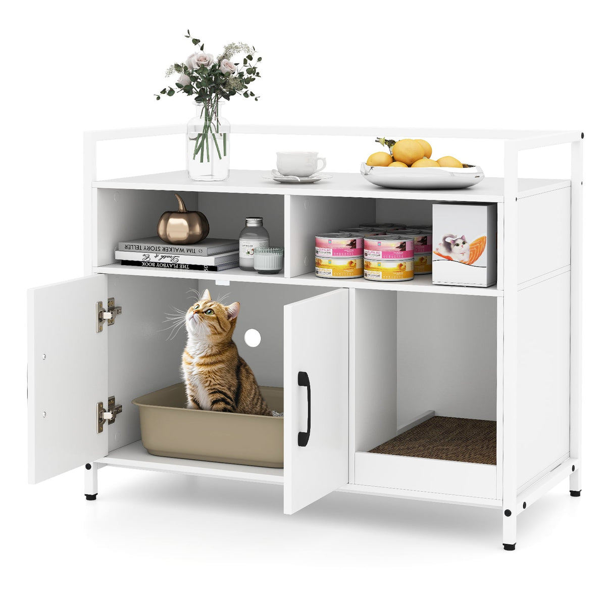 Hidden Cat Washroom with Double Doors and Scratch Cardboard-Off White-Cat Houses-DECOROLALA