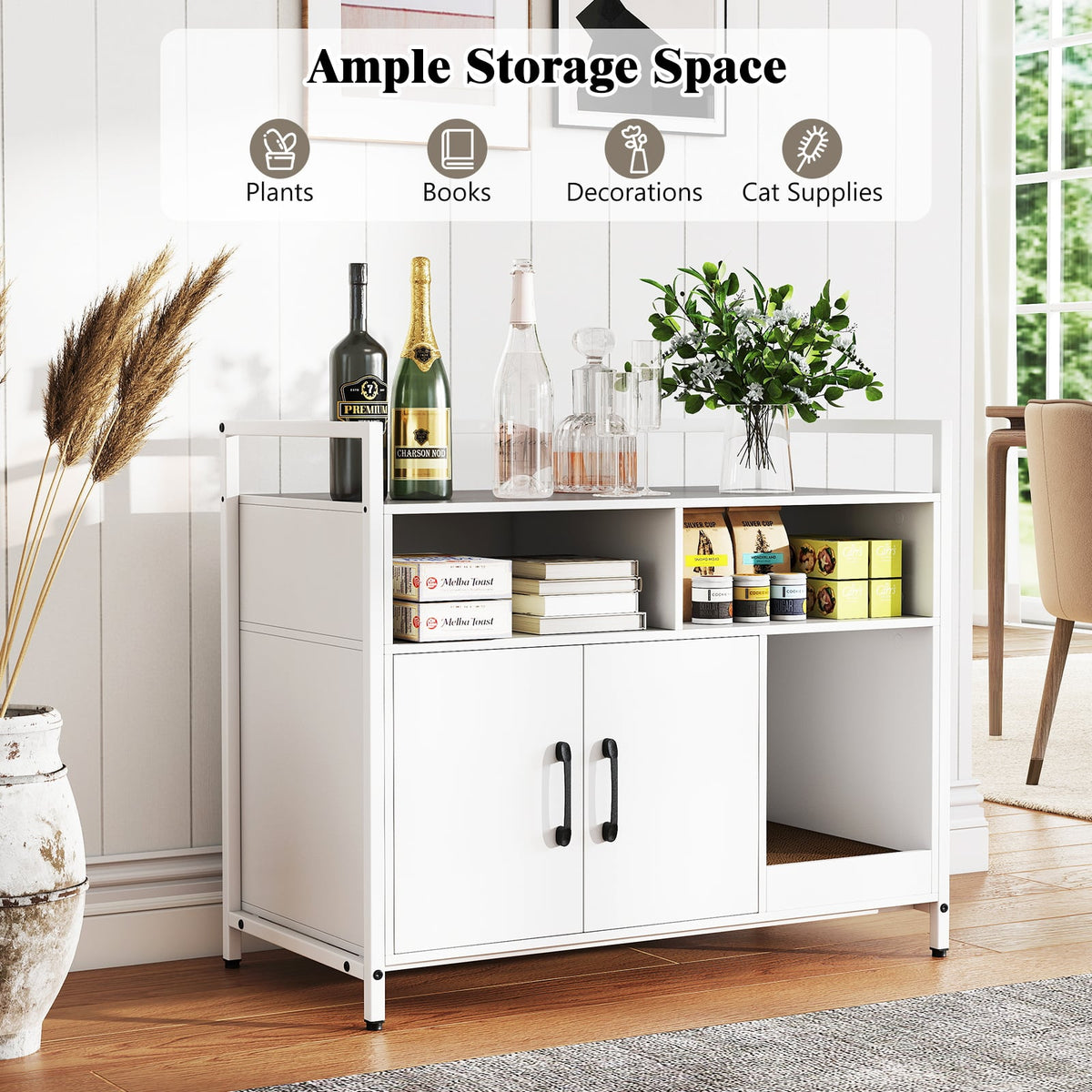 Hidden Cat Washroom with Double Doors and Scratch Cardboard-Off White-Cat Houses-DECOROLALA