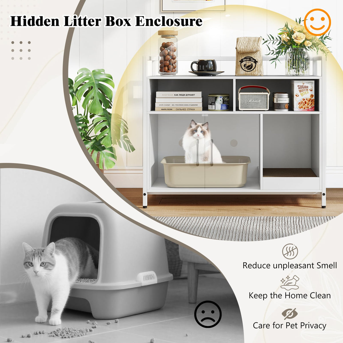 Hidden Cat Washroom with Double Doors and Scratch Cardboard-Off White-Cat Houses-DECOROLALA