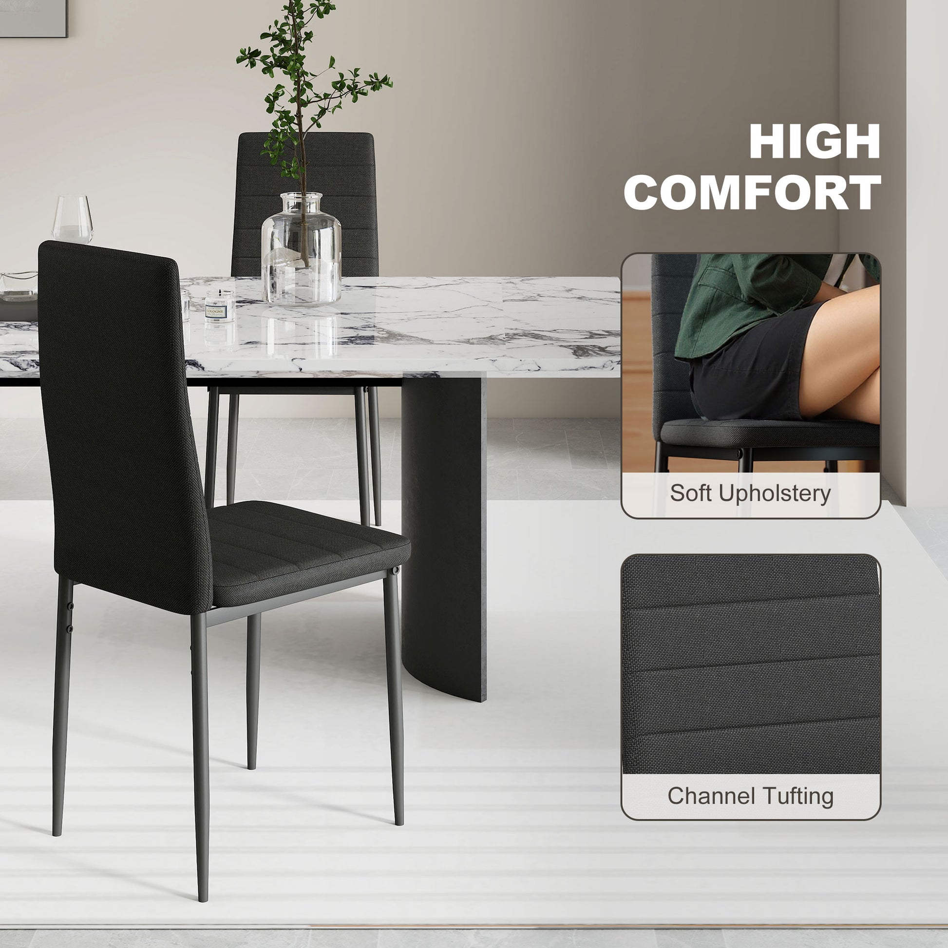 High Back Dining Chairs Set of 6 Black Linen-DECOROLALA