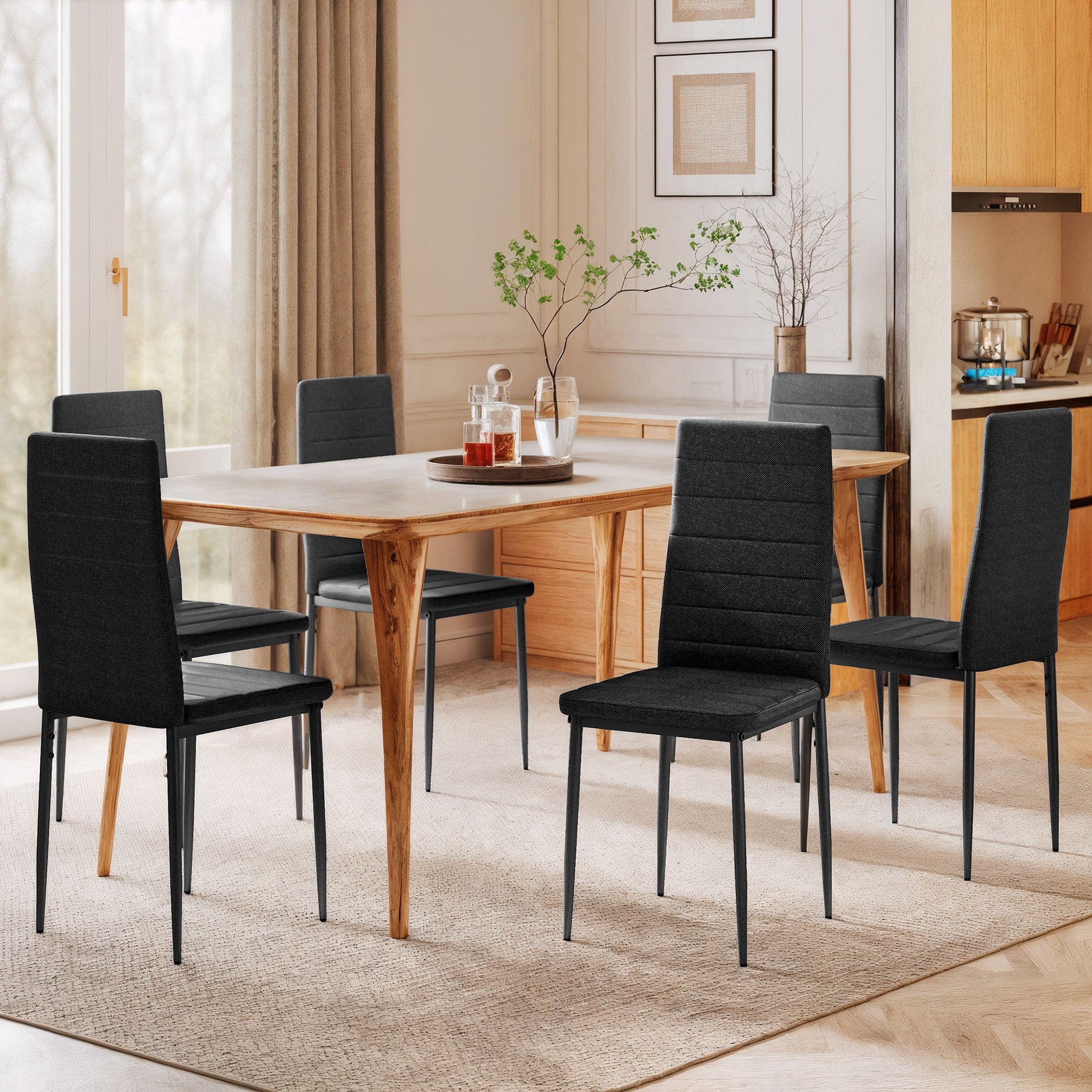 High Back Dining Chairs Set of 6 Black Linen-DECOROLALA