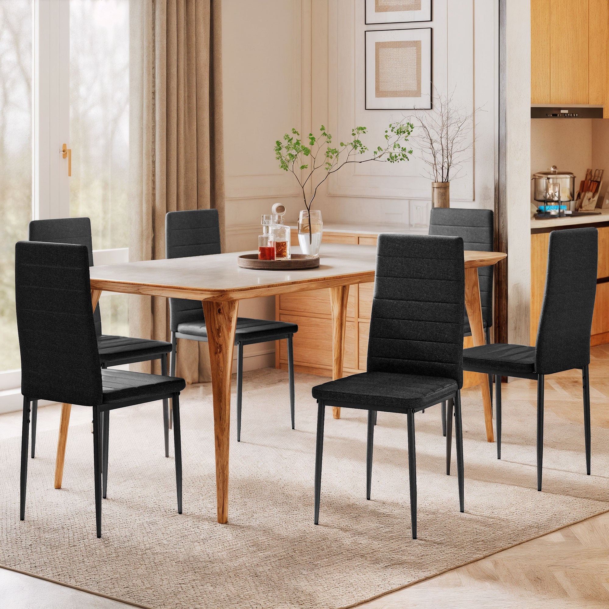 High Back Dining Chairs Set of 6 Black Linen-DECOROLALA