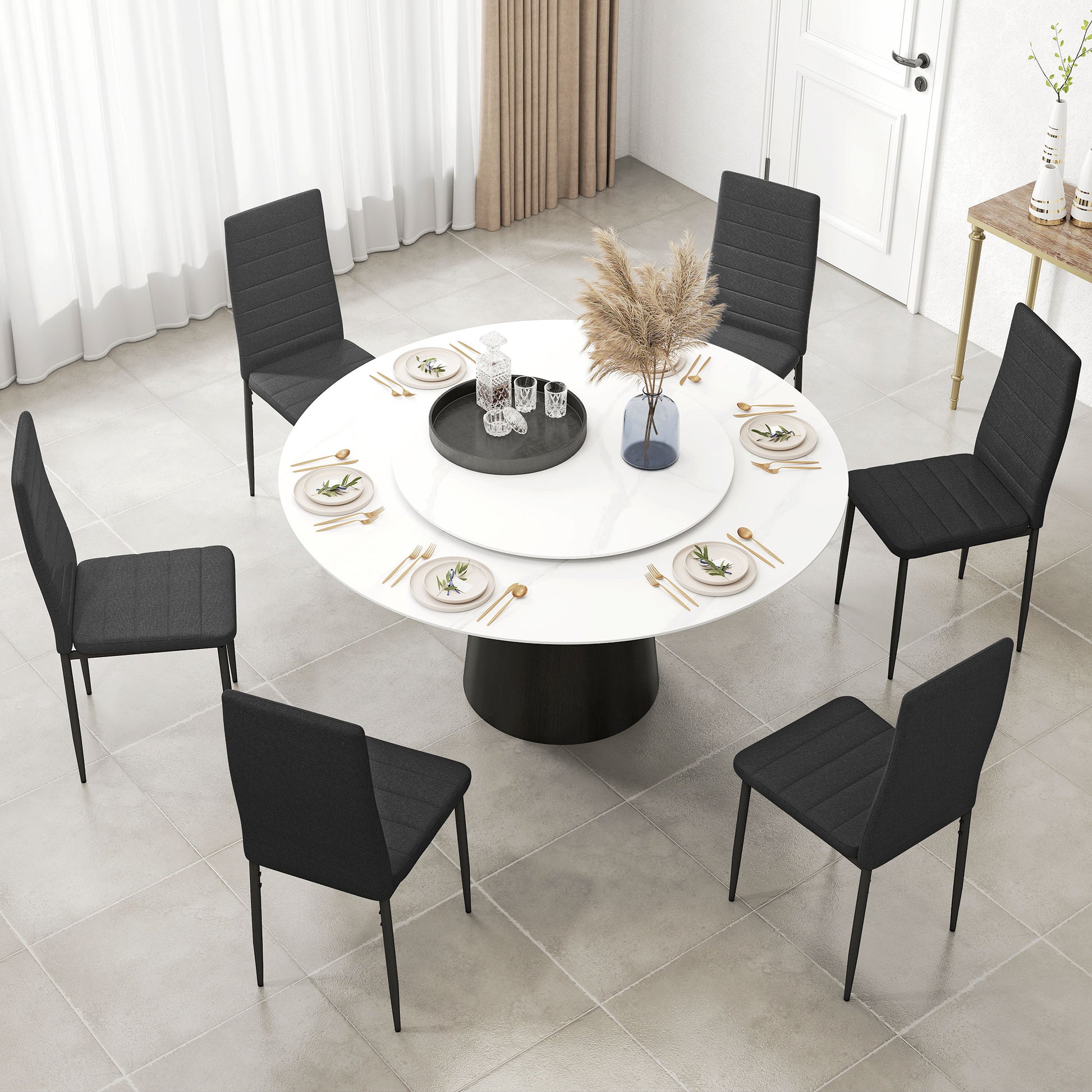 High Back Dining Chairs Set of 6 Black Linen-DECOROLALA