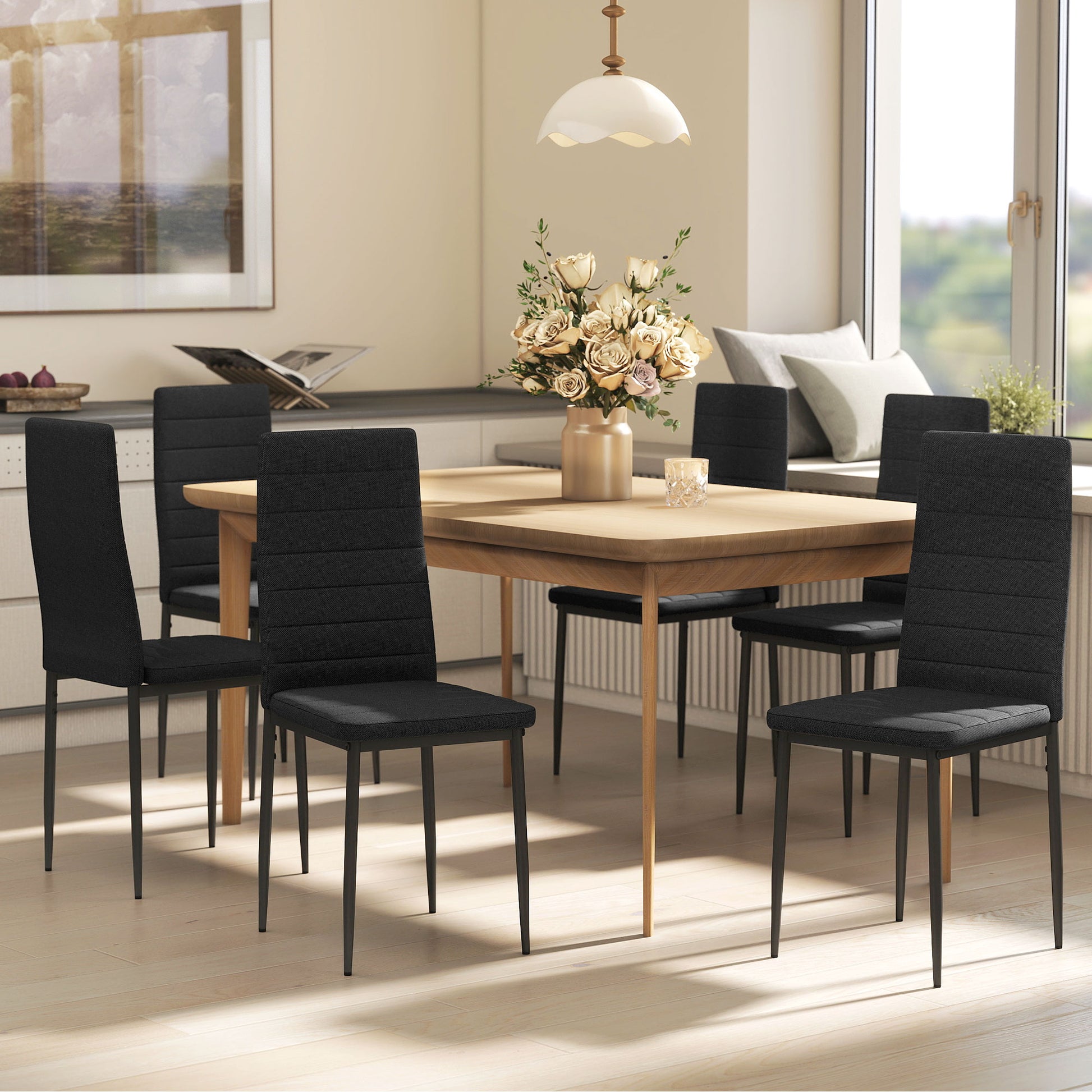 High Back Dining Chairs Set of 6 Black Linen-DECOROLALA