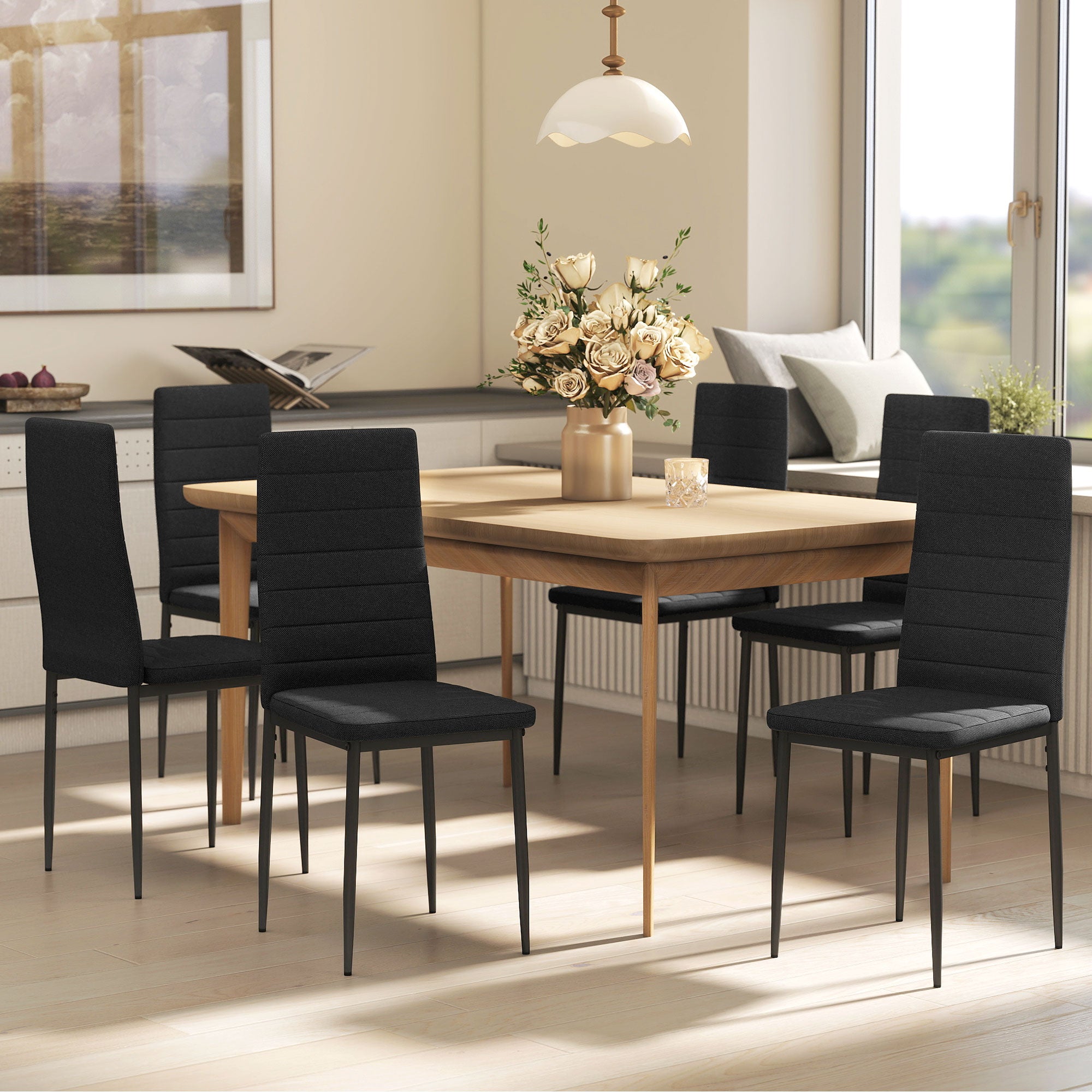 High Back Dining Chairs Set of 6 Black Linen-DECOROLALA