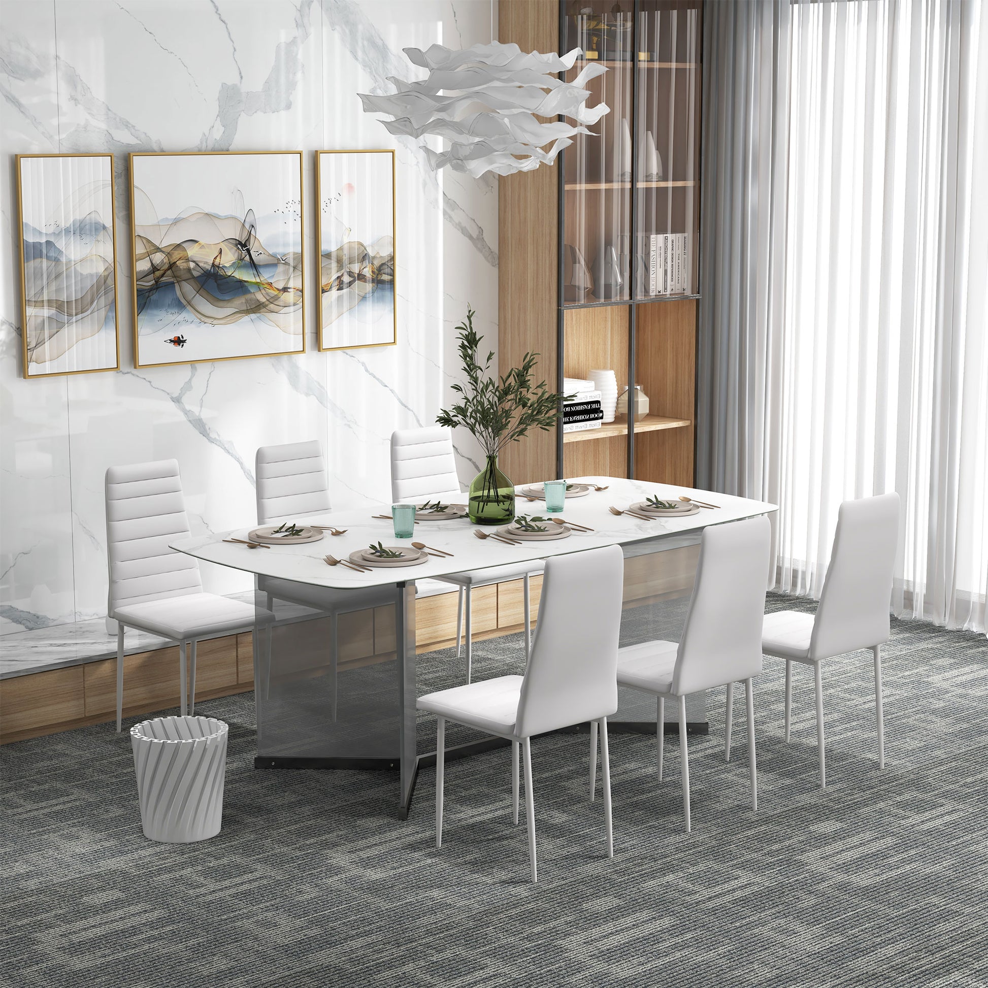 High Back Dining Chairs, Set of 6, Modern PU Leather, Metal Legs, White-DECOROLALA