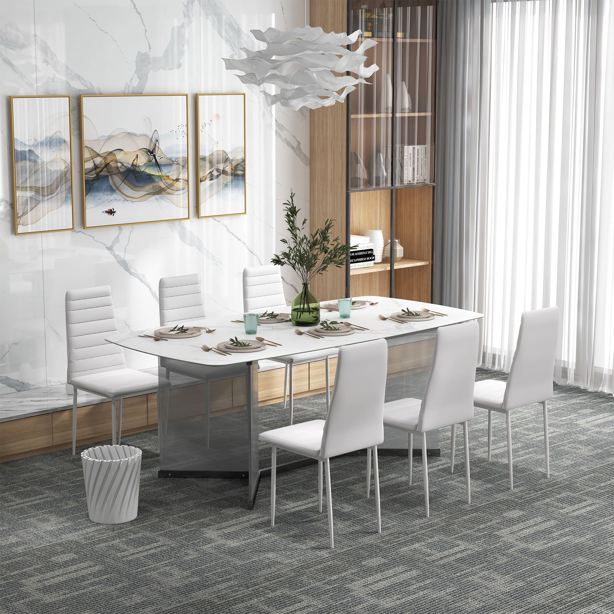 High Back Dining Chairs, Set of 6, Modern PU Leather, Metal Legs, White-DECOROLALA