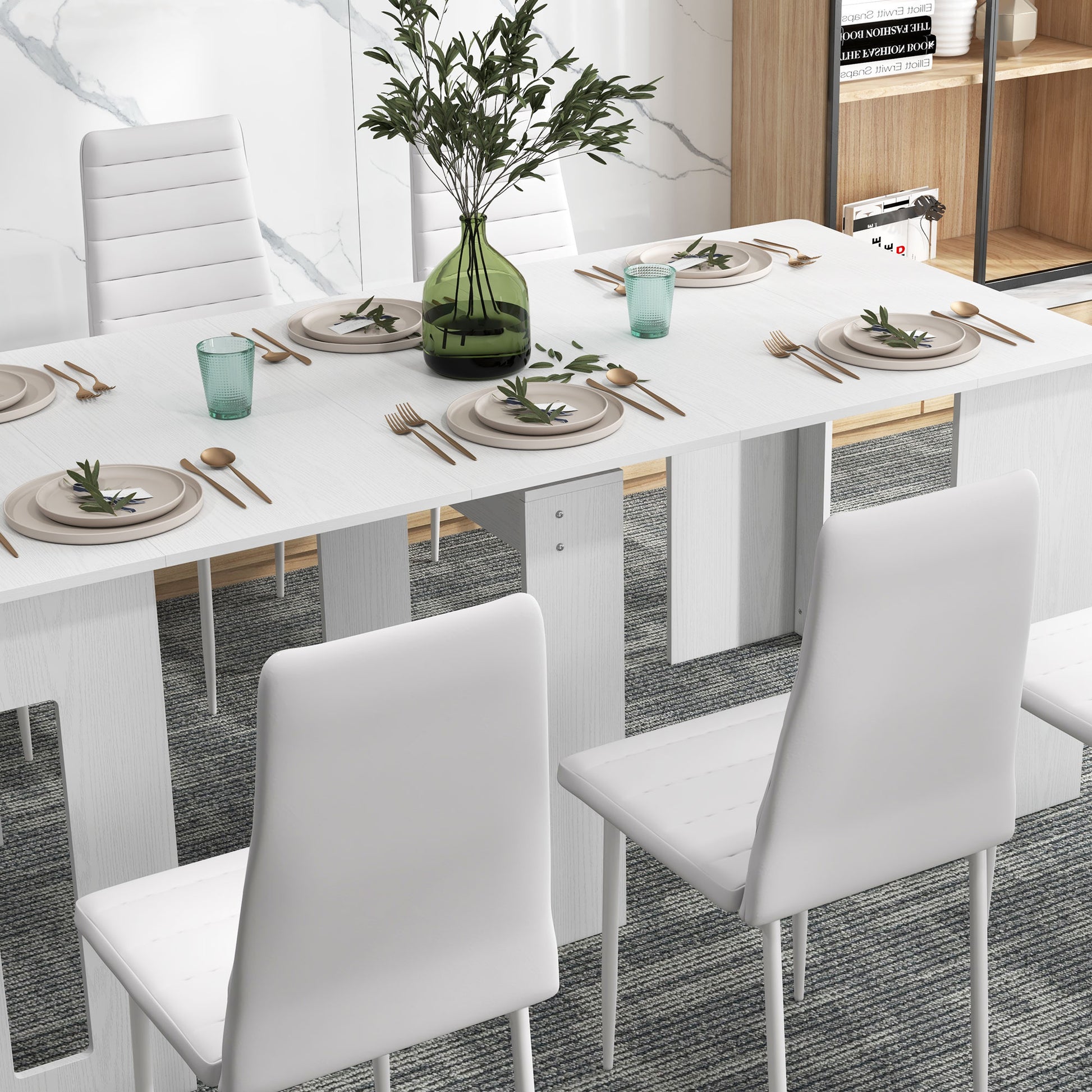 High Back Dining Chairs, Set of 6, Modern PU Leather, Metal Legs, White-DECOROLALA