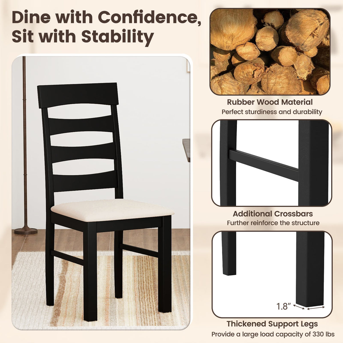 High Back Dining Room Chairs Set of 2 with Padded Seat-Black-Dining Chairs-DECOROLALA