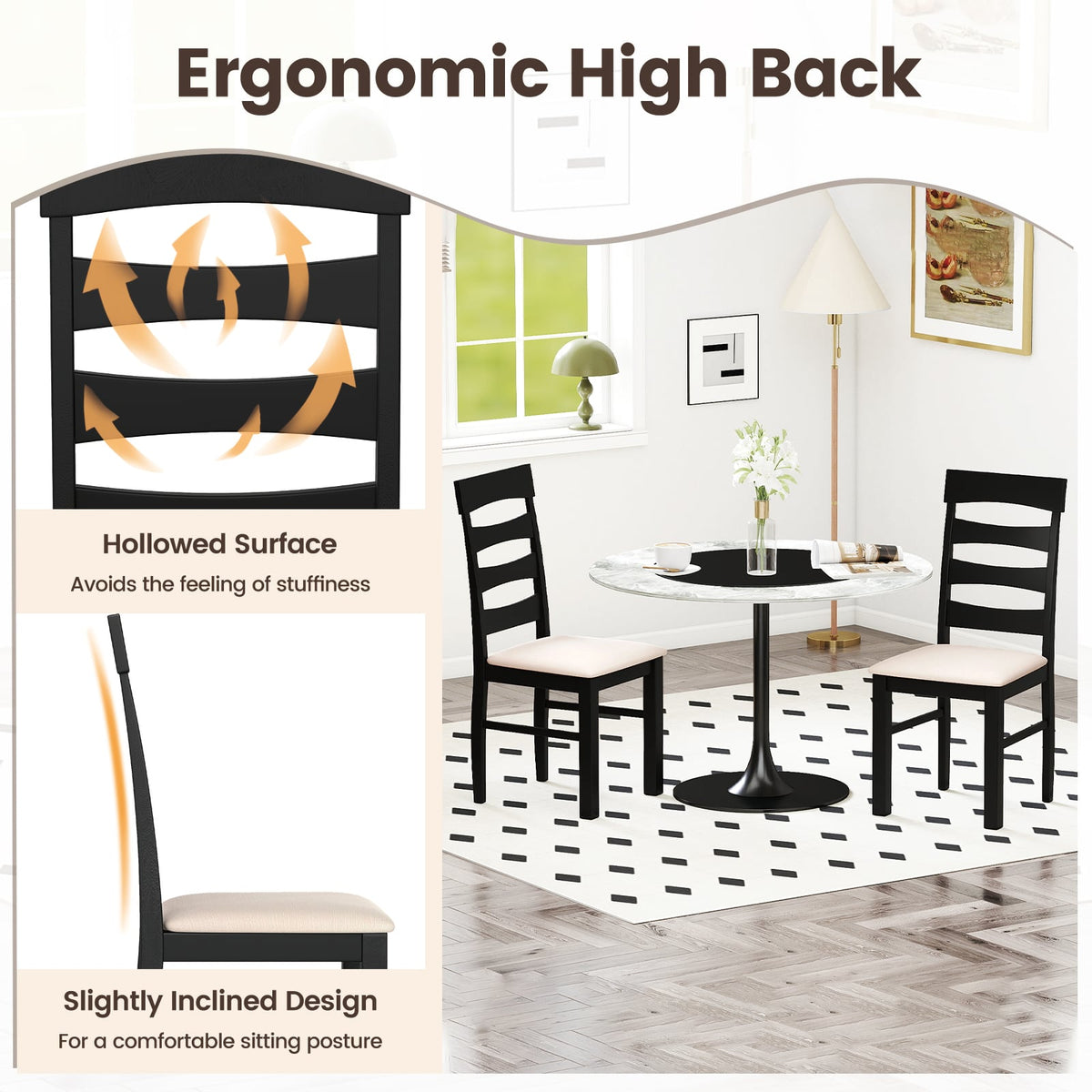 High Back Dining Room Chairs Set of 2 with Padded Seat-Black-Dining Chairs-DECOROLALA